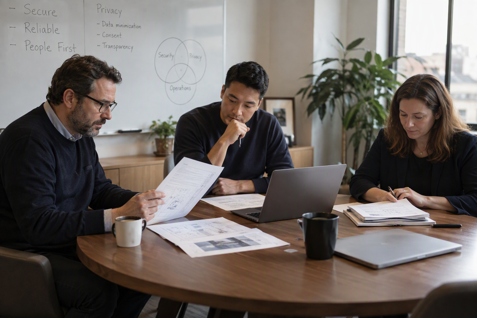 Show a small editorial roundtable in a bright meeting room, with a security architect, support operations lead, and privacy