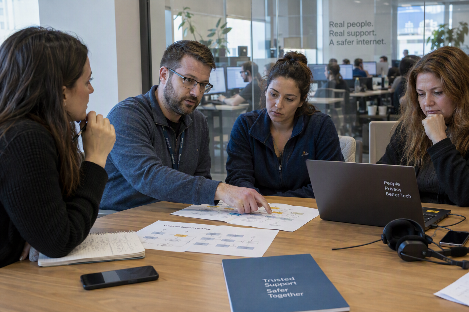 Show a working interview in a bright meeting room, with a security engineer, customer-service lead, and privacy specialist