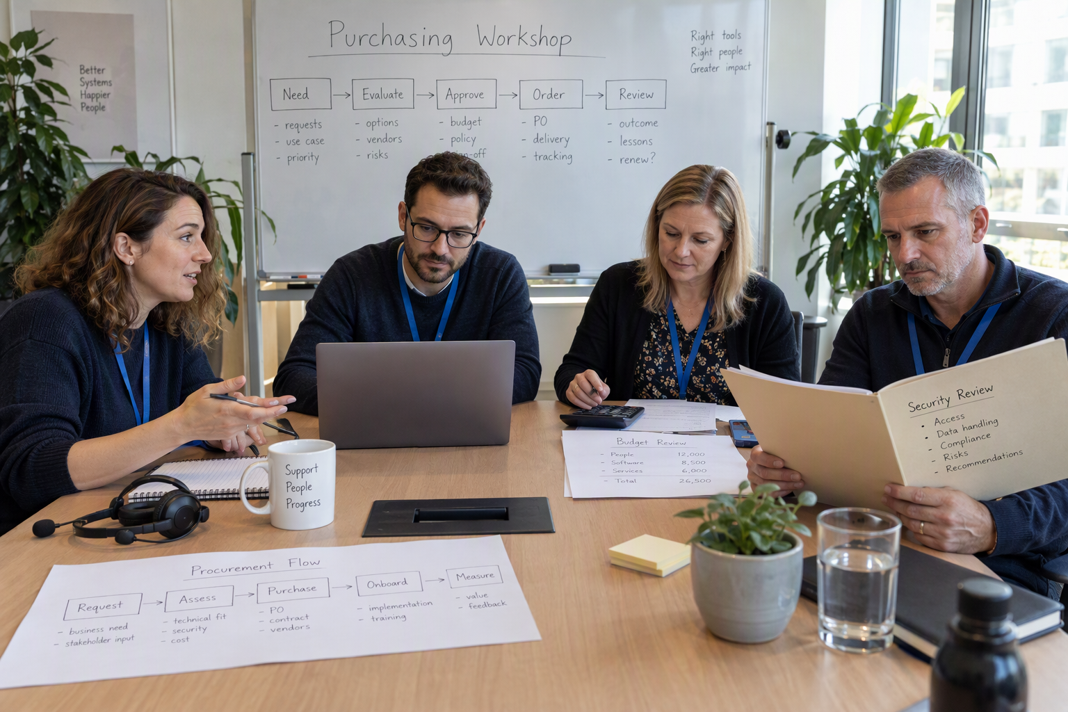 Show a collaborative purchasing workshop in a bright office meeting room, with a support operations manager, an integration
