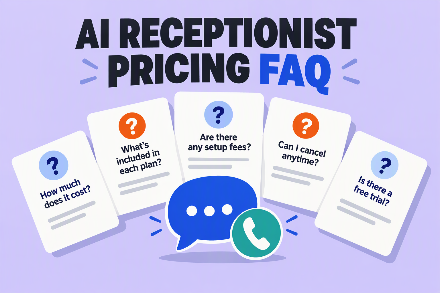 Stack of question cards representing common AI receptionist pricing questions for small businesses