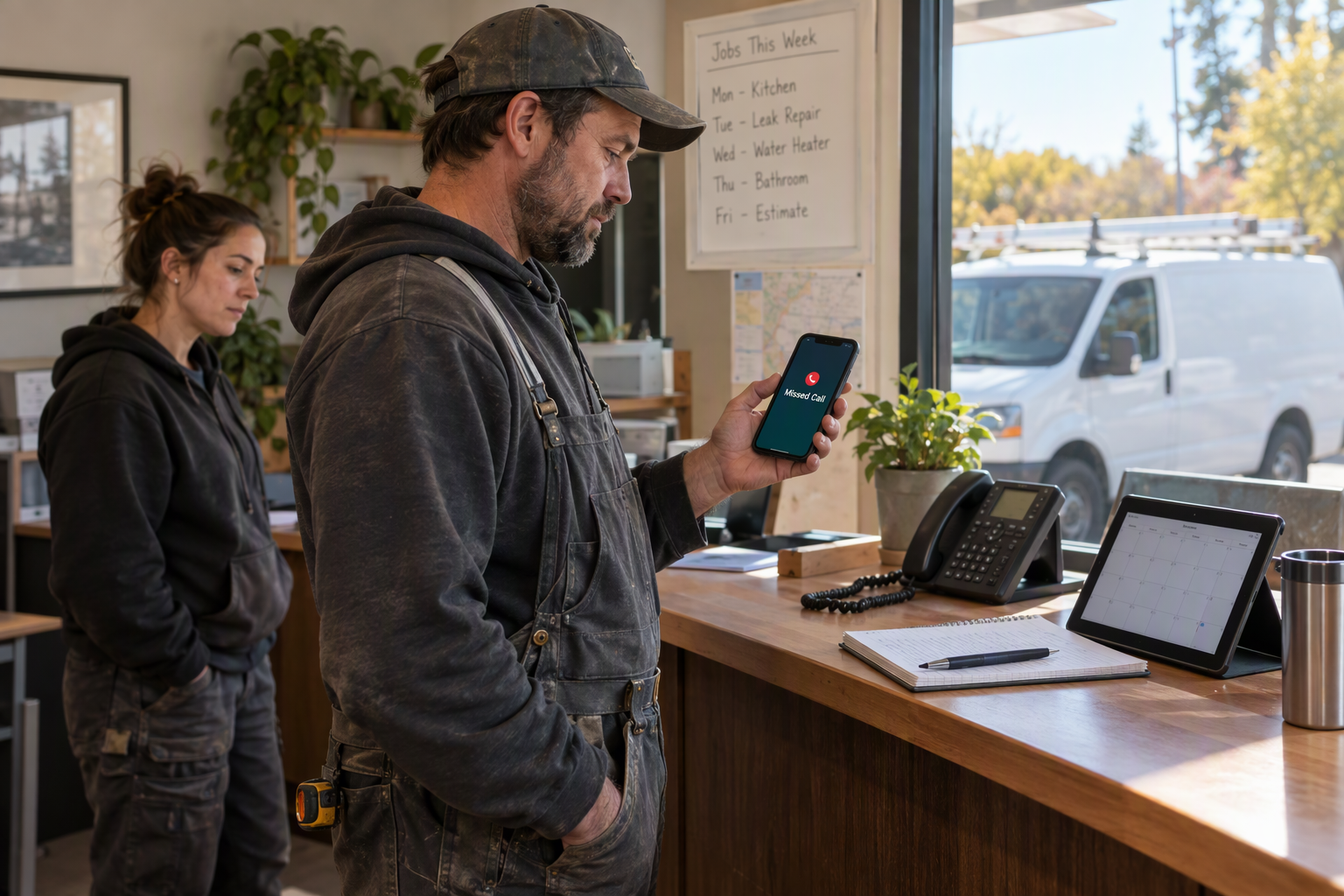 Plumbing business owner in a front office checking a missed-call alert on a smartphone