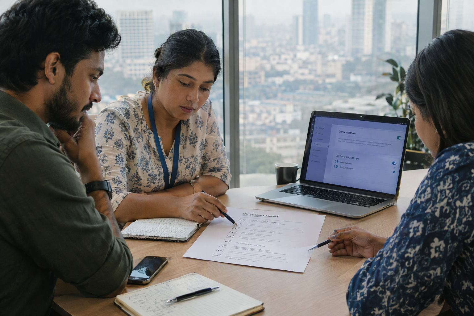 Team reviewing a compliance and vendor-verification checklist in a meeting room