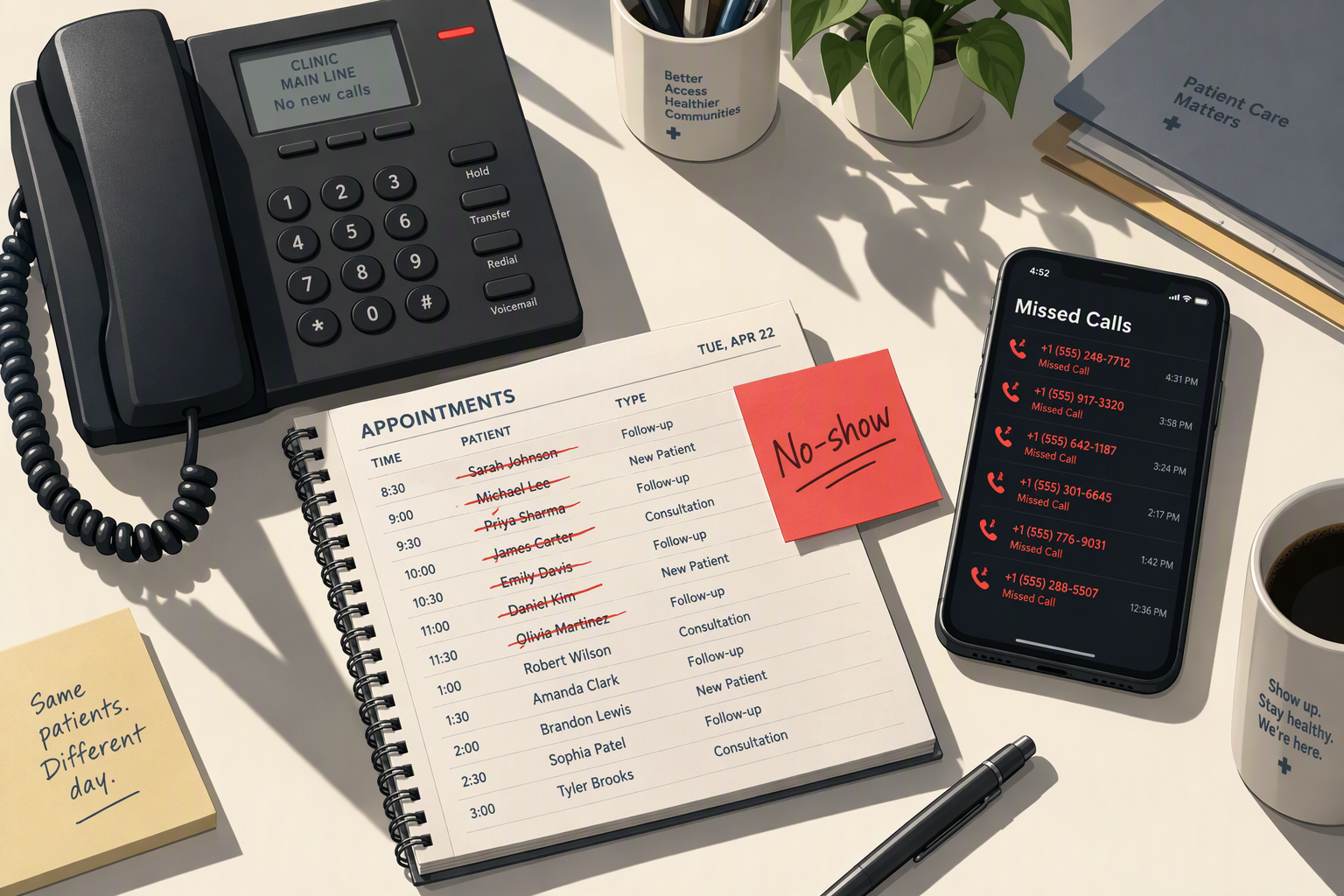Desk with a paper diary, missed-call log and no-show note illustrating common clinic call-handling mistakes