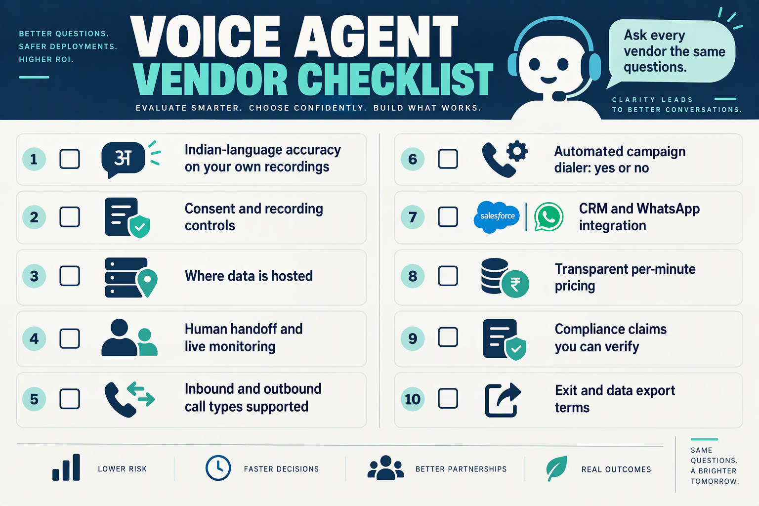Ten-point vendor evaluation checklist for choosing an insurance or NBFC voice agent provider