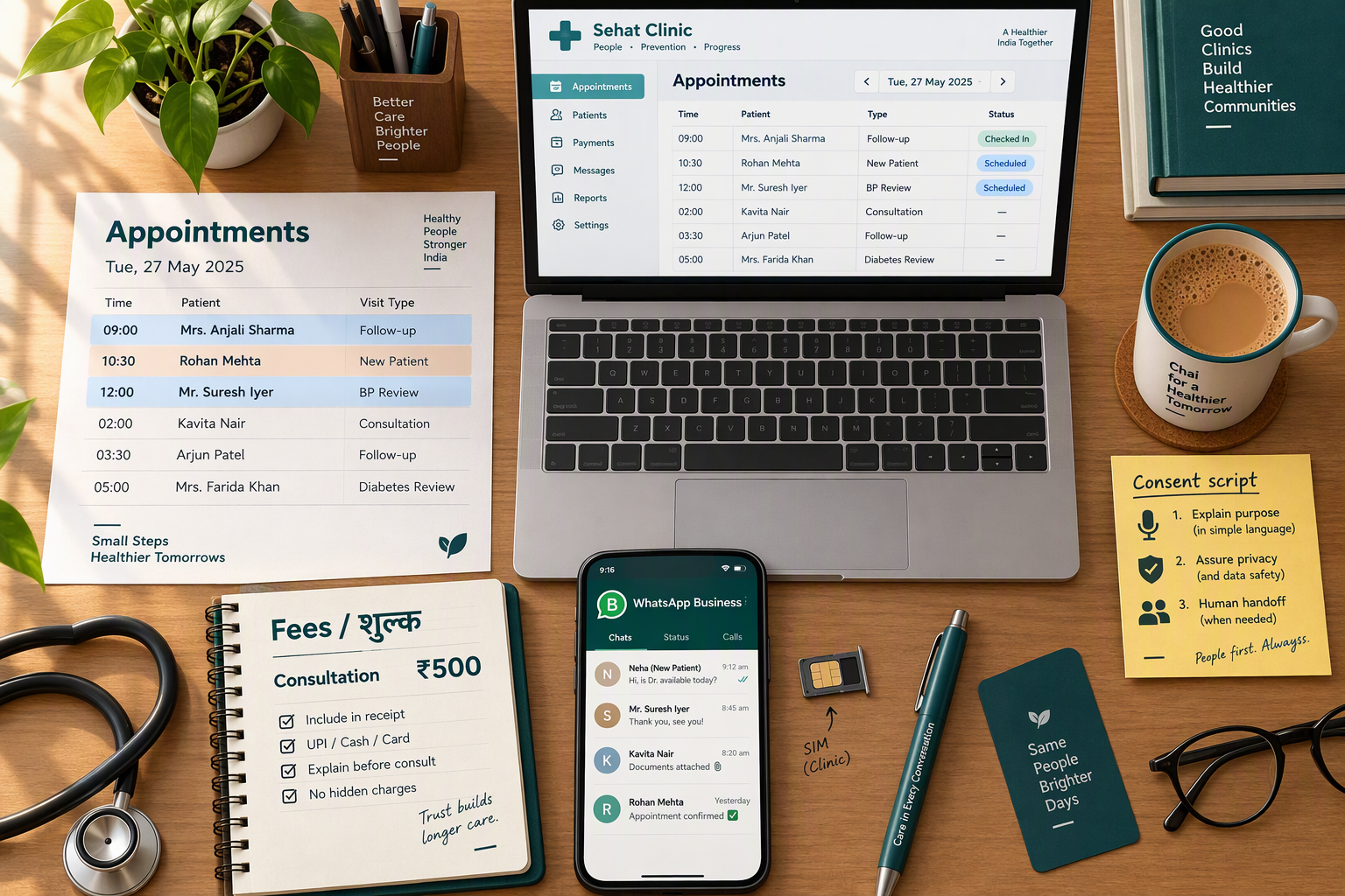 Flat-lay of a clinic manager's desk with schedule, fee list, phone and laptop prepared for setup