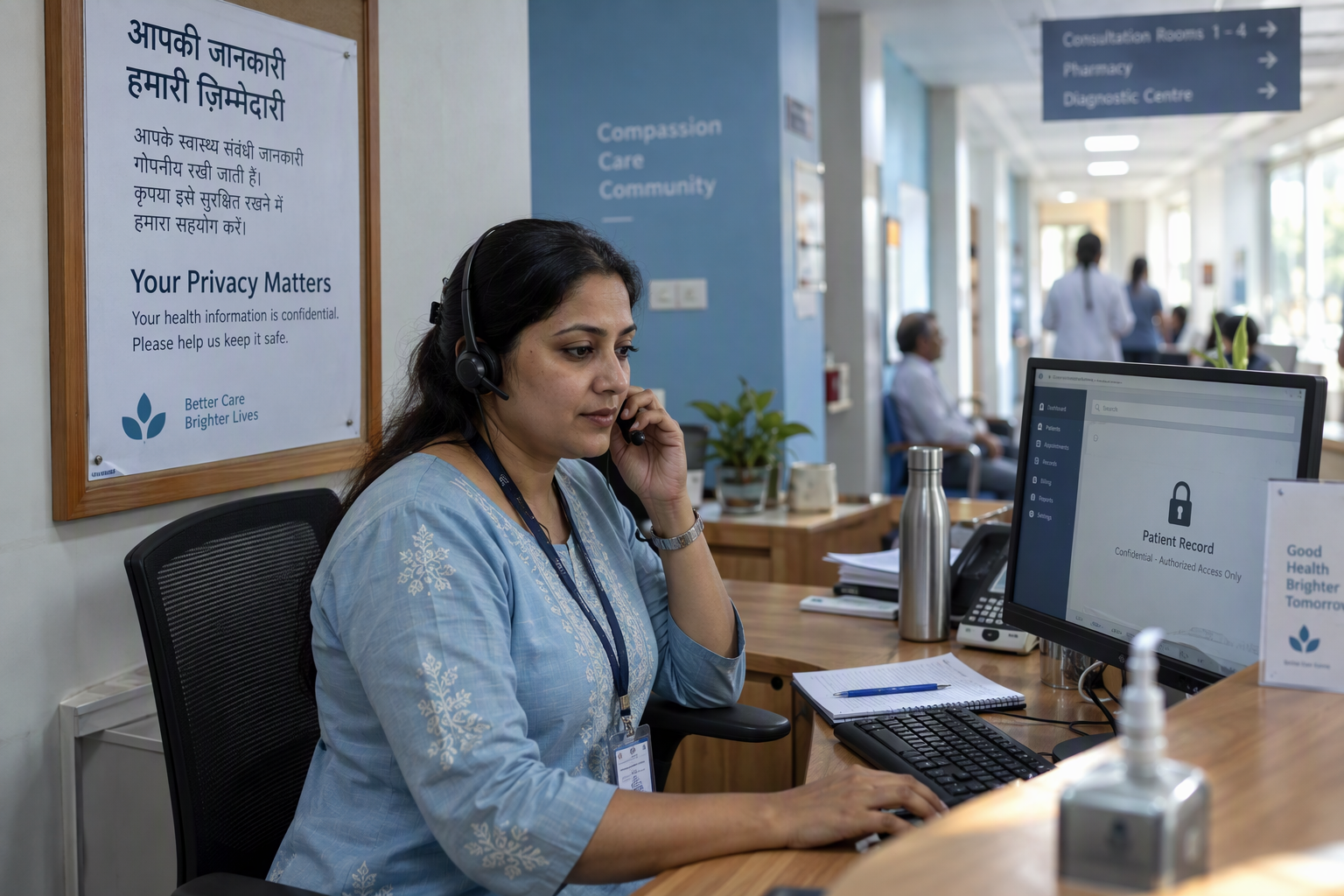 Clinic front-desk coordinator on a headset beside a patient record with a privacy padlock