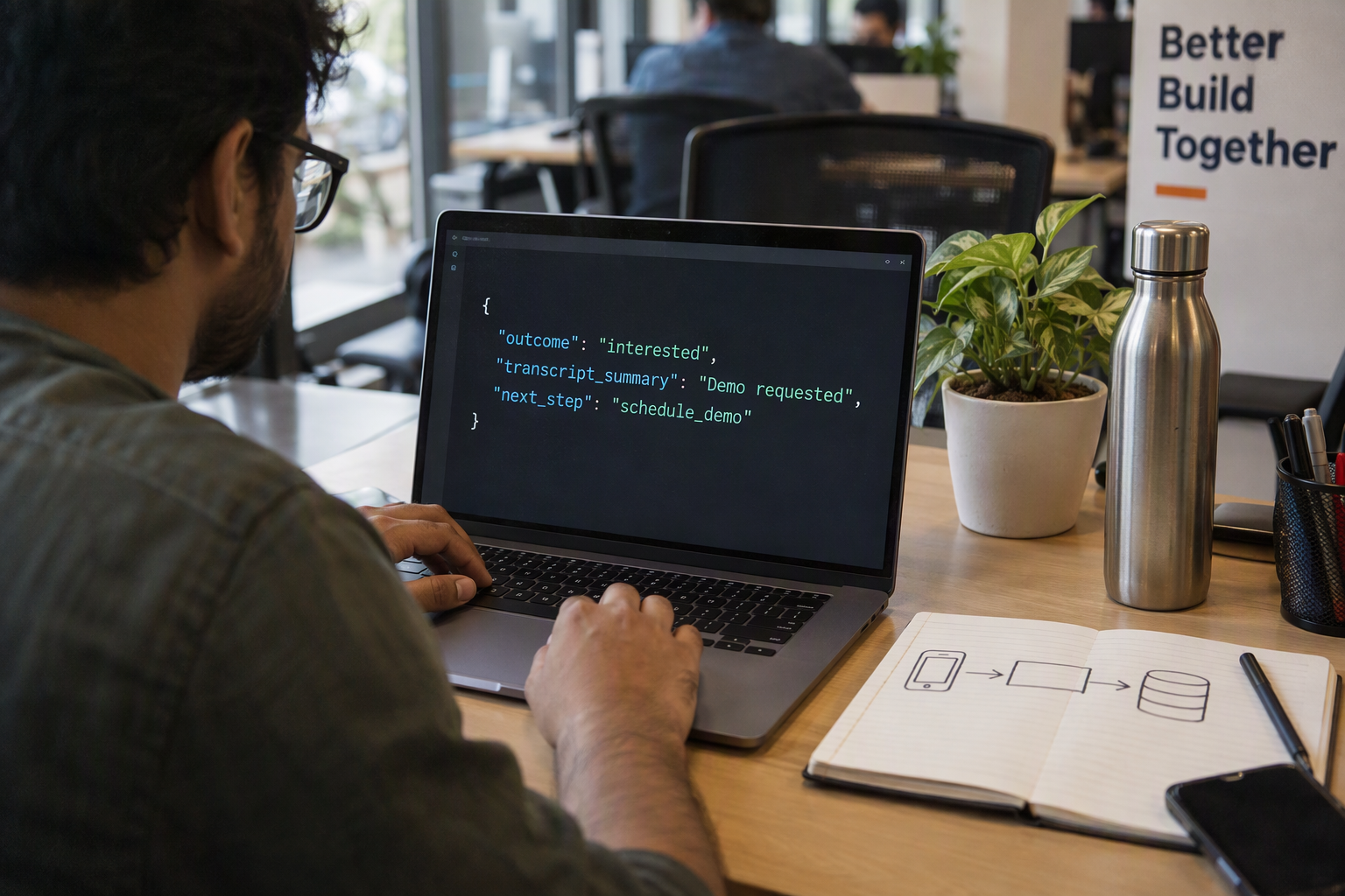Laptop showing a JSON webhook payload next to a hand-drawn sketch of the integration flow