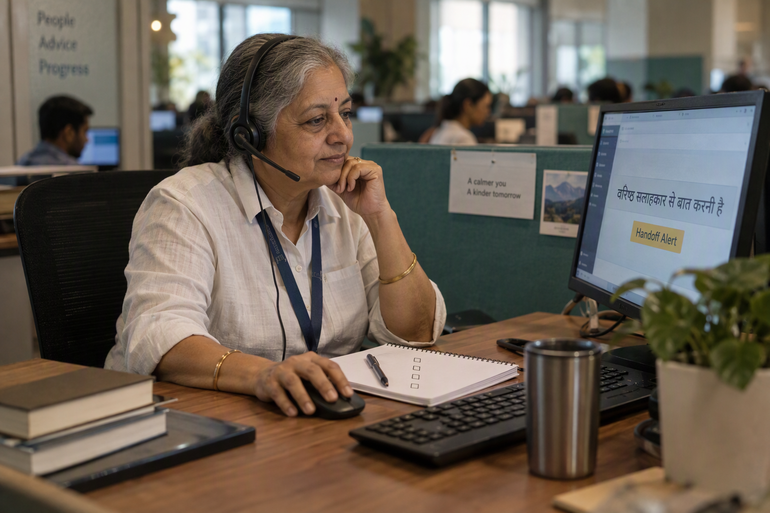 Licensed advisor at a desk taking over a call from an AI agent, with a live Hindi transcript on screen