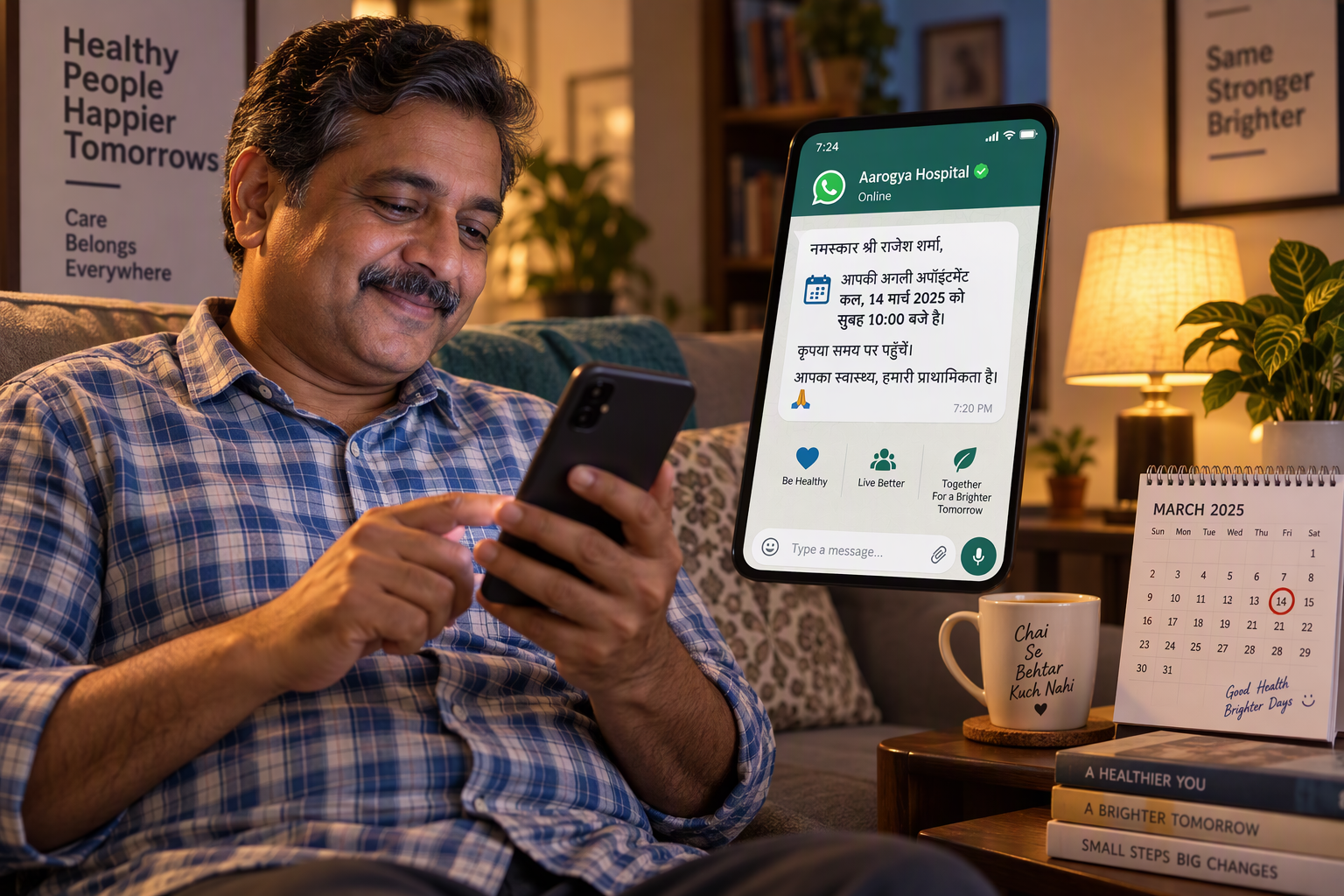 Patient at home reading a Hindi WhatsApp appointment reminder on his smartphone
