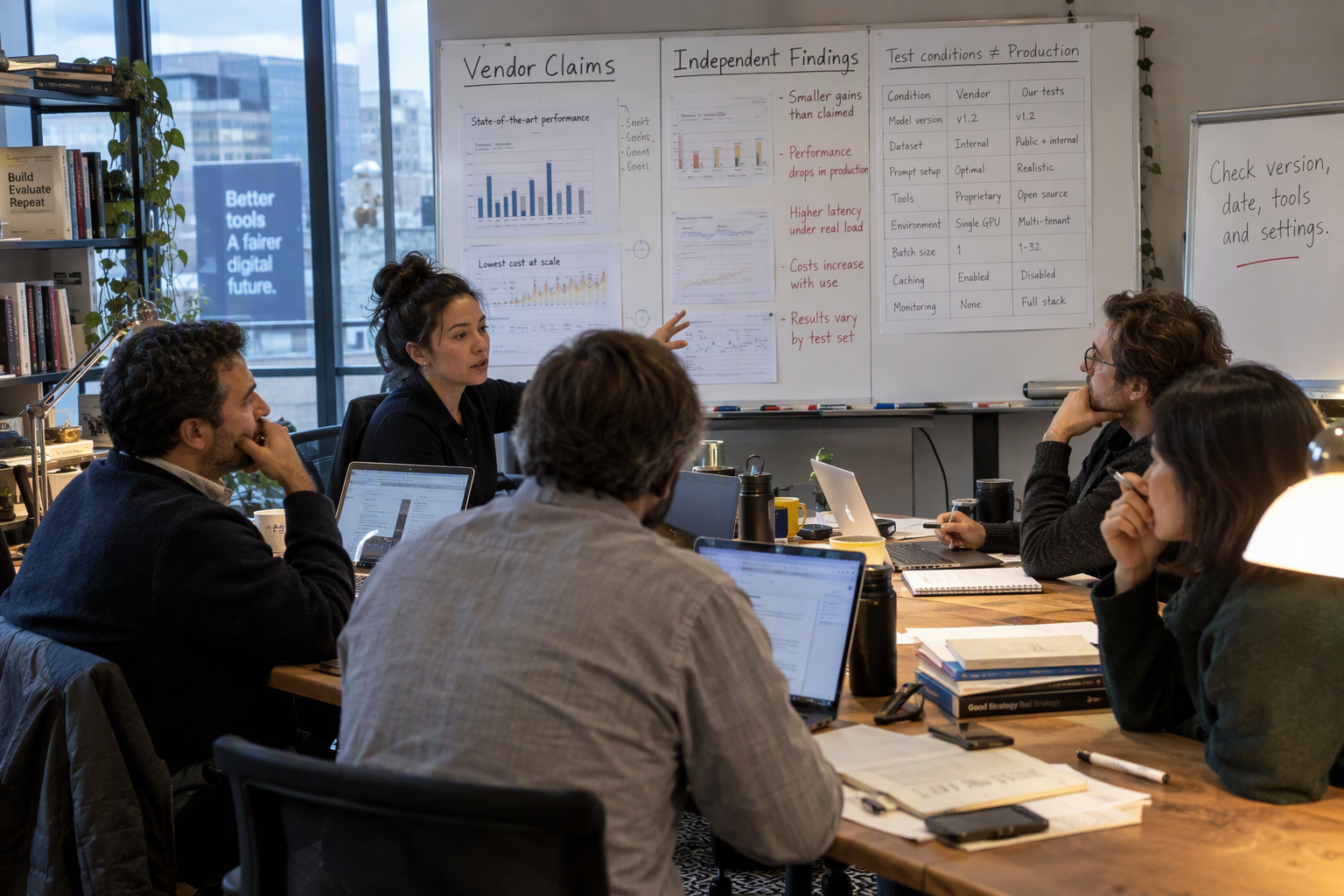 AI evaluators comparing vendor claims with independent benchmark and production evidence