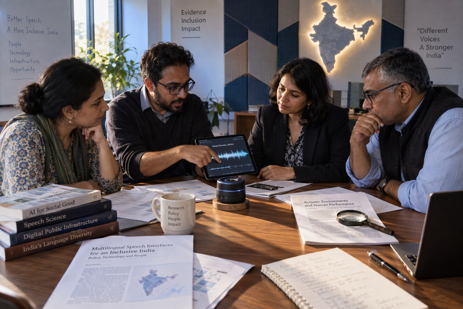 Show an illustrative editorial roundtable in a contemporary Indian research institute, with a policy researcher, a speech