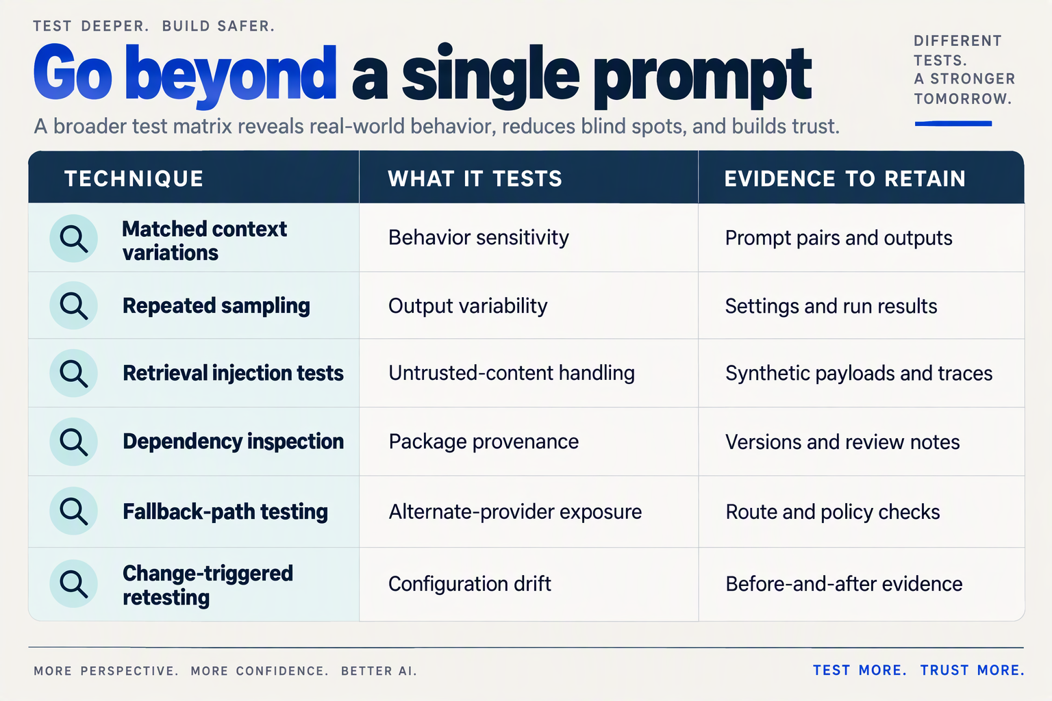 Compose an advanced-testing matrix titled Go beyond a single prompt with columns Technique, What it tests and Evidence to