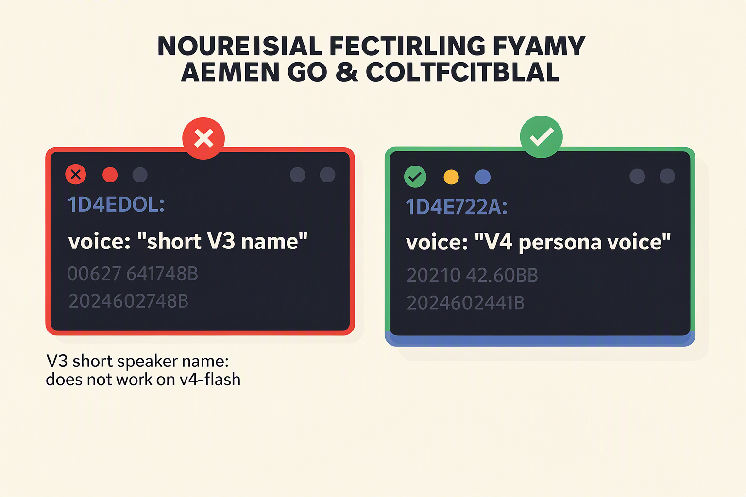 Comparison of a V3 short speaker name failing against a V4 persona voice working on bulbul:v4-flash