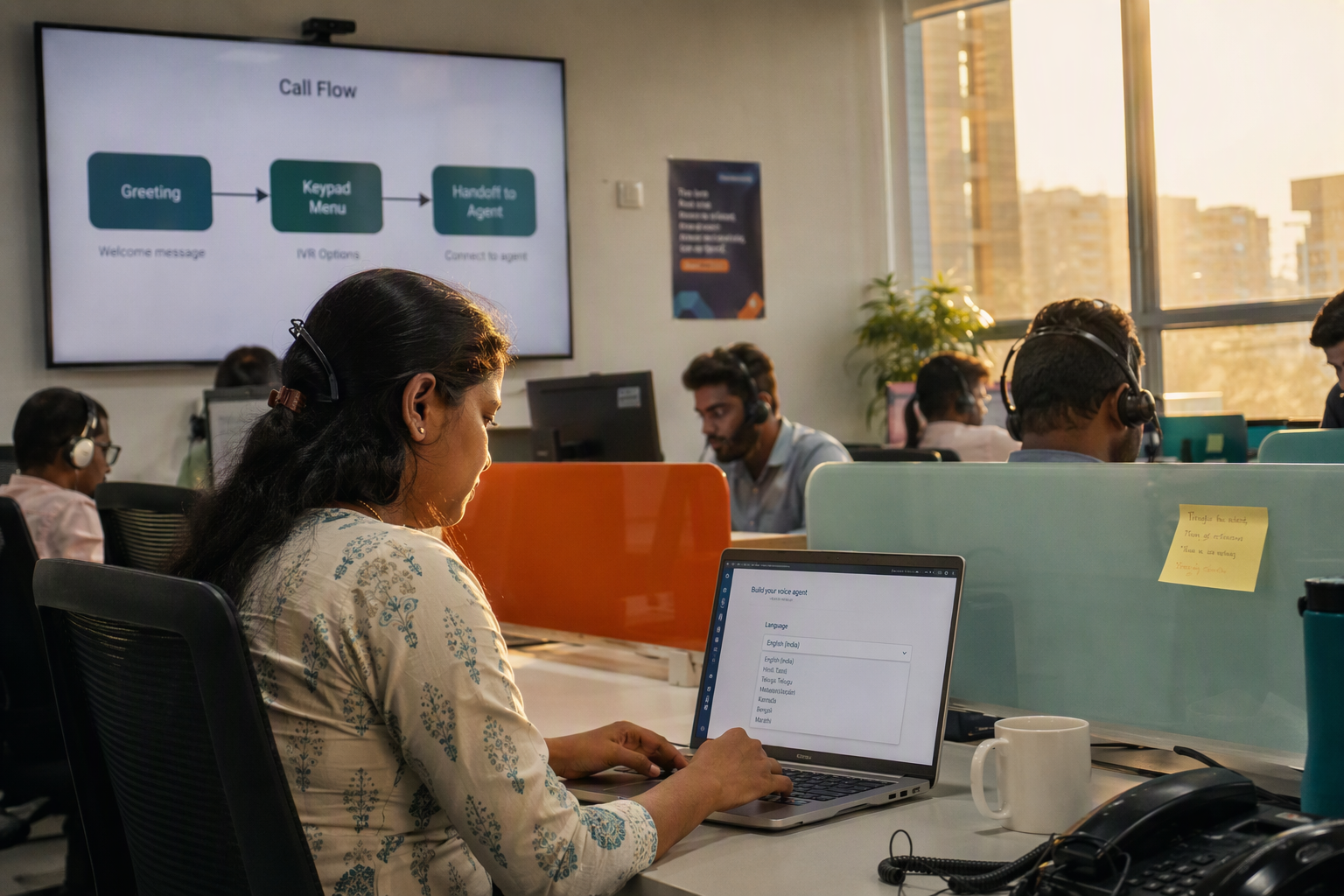 Indian support team and a call-flow display, illustrating voice agent and IVR use cases for Indian-language TTS