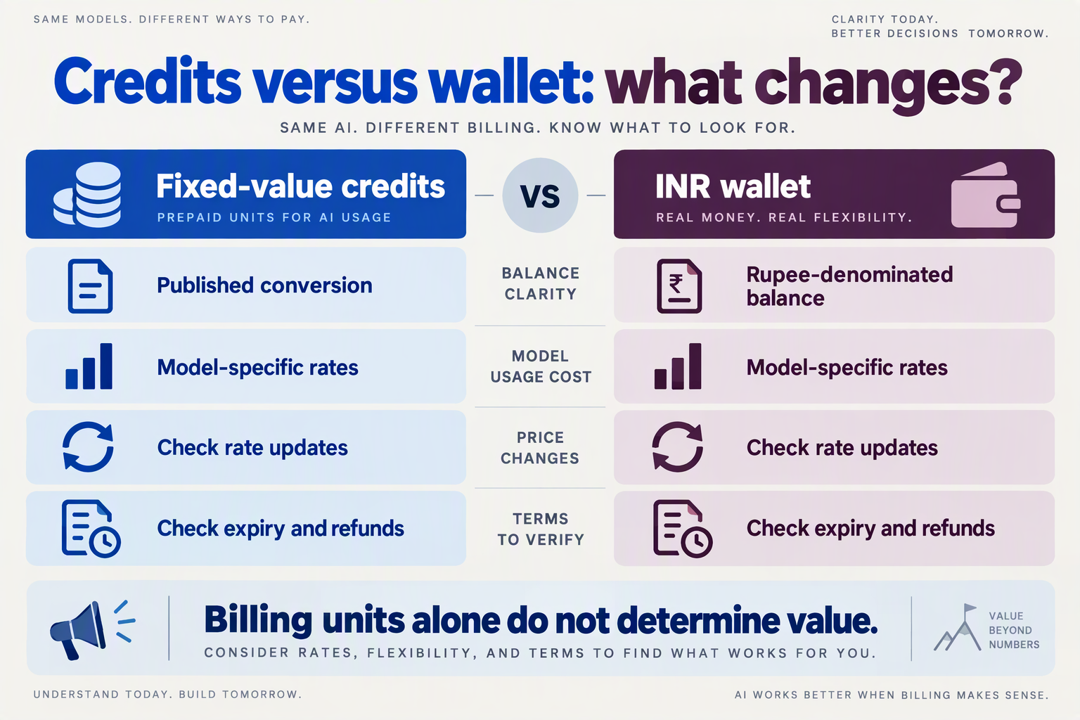 Trade-off matrix comparing fixed-value AI credits and INR-wallet billing