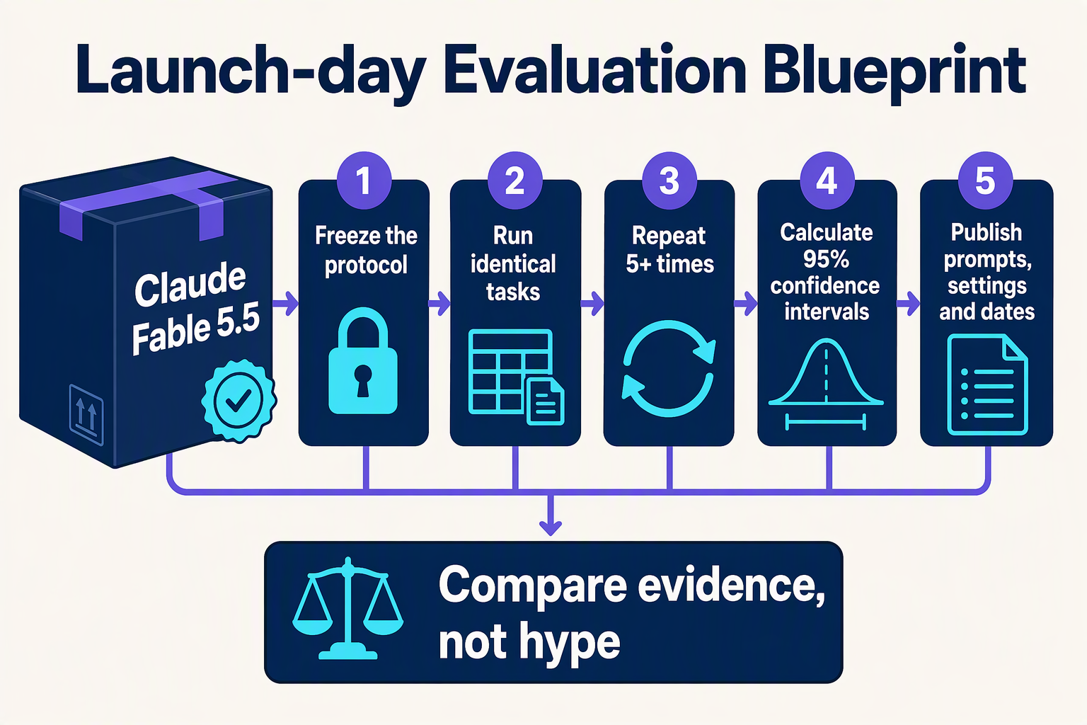 Five-stage reproducible launch-day testing plan for Claude Fable 5.5