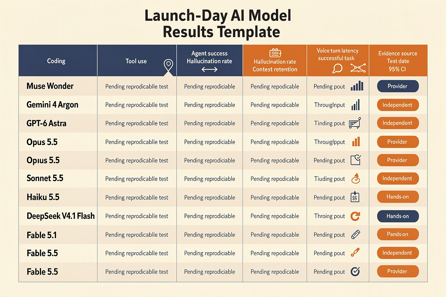 Blank results table for comparing Fable 5.5 with eight new and baseline AI models