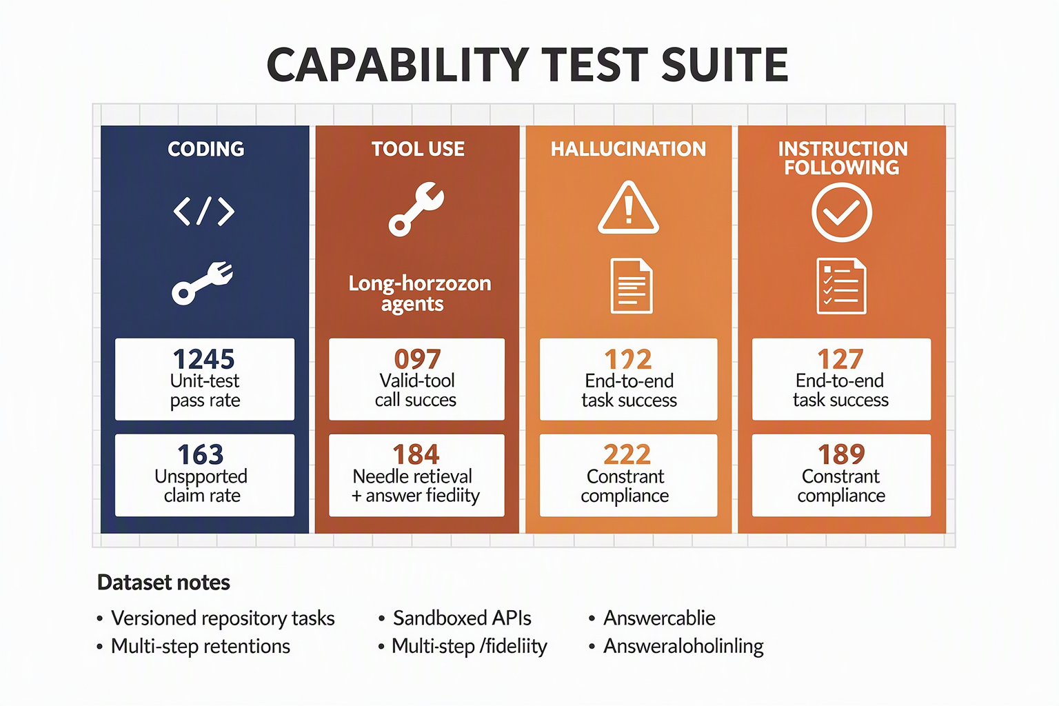 Evaluation matrix for coding, tools, agents, hallucinations and context retention