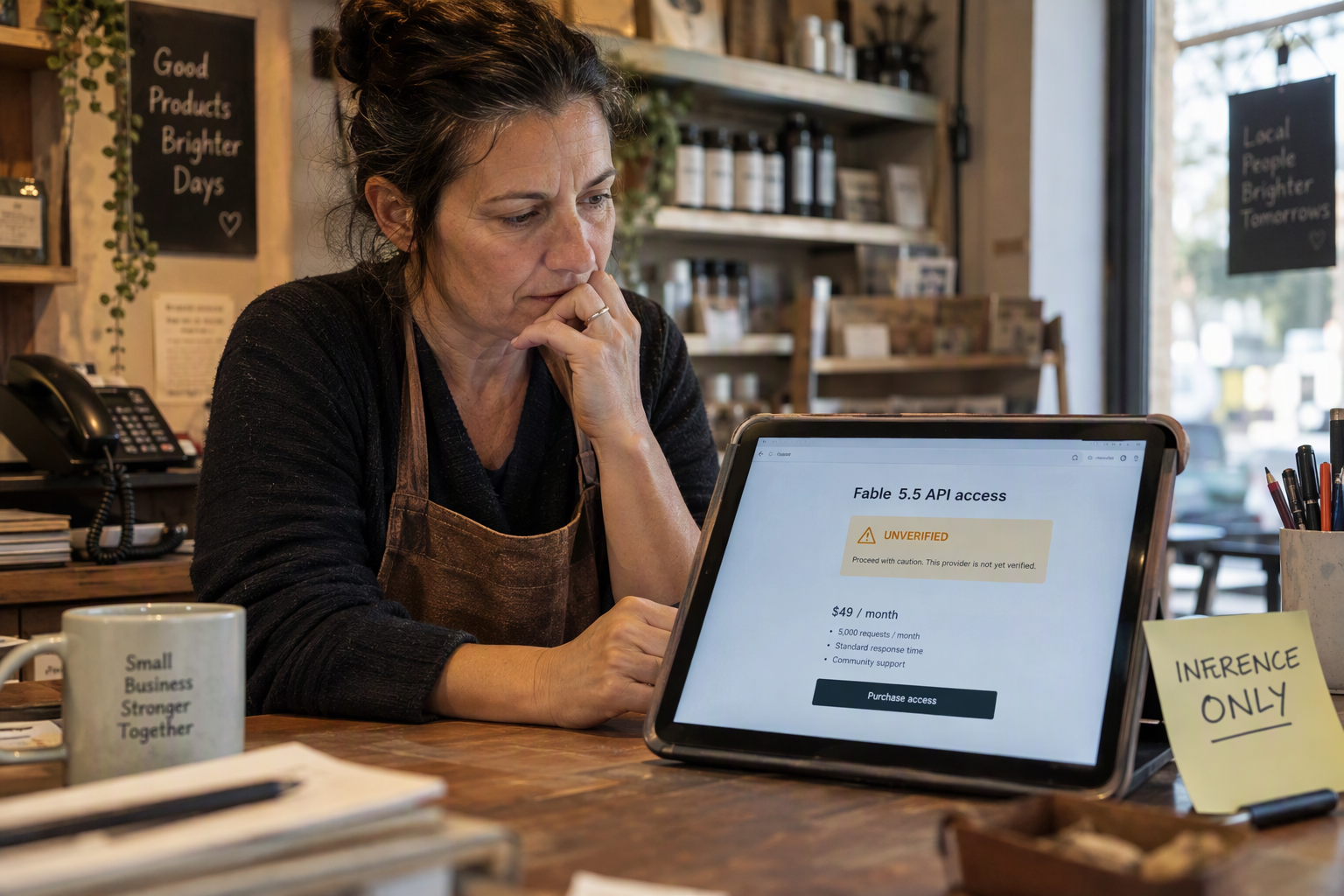 Business owner viewing an unverified Fable 5.5 API access offer marked with a warning banner