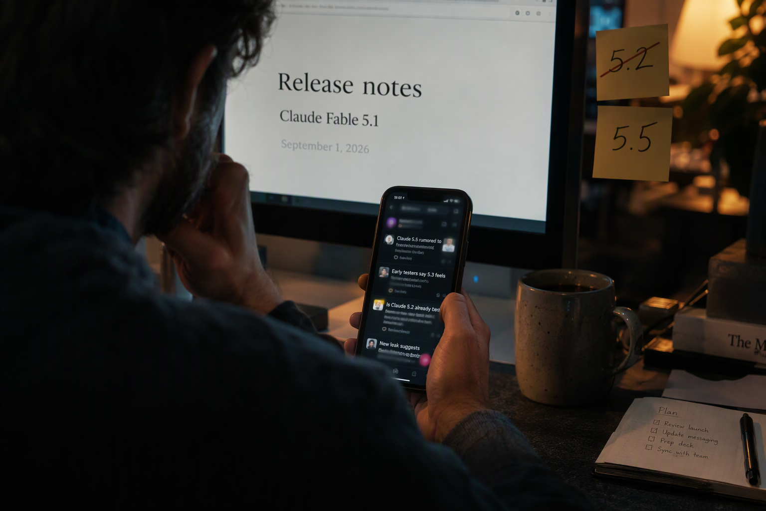 Person following AI model rumors on a phone beside a monitor showing official release notes