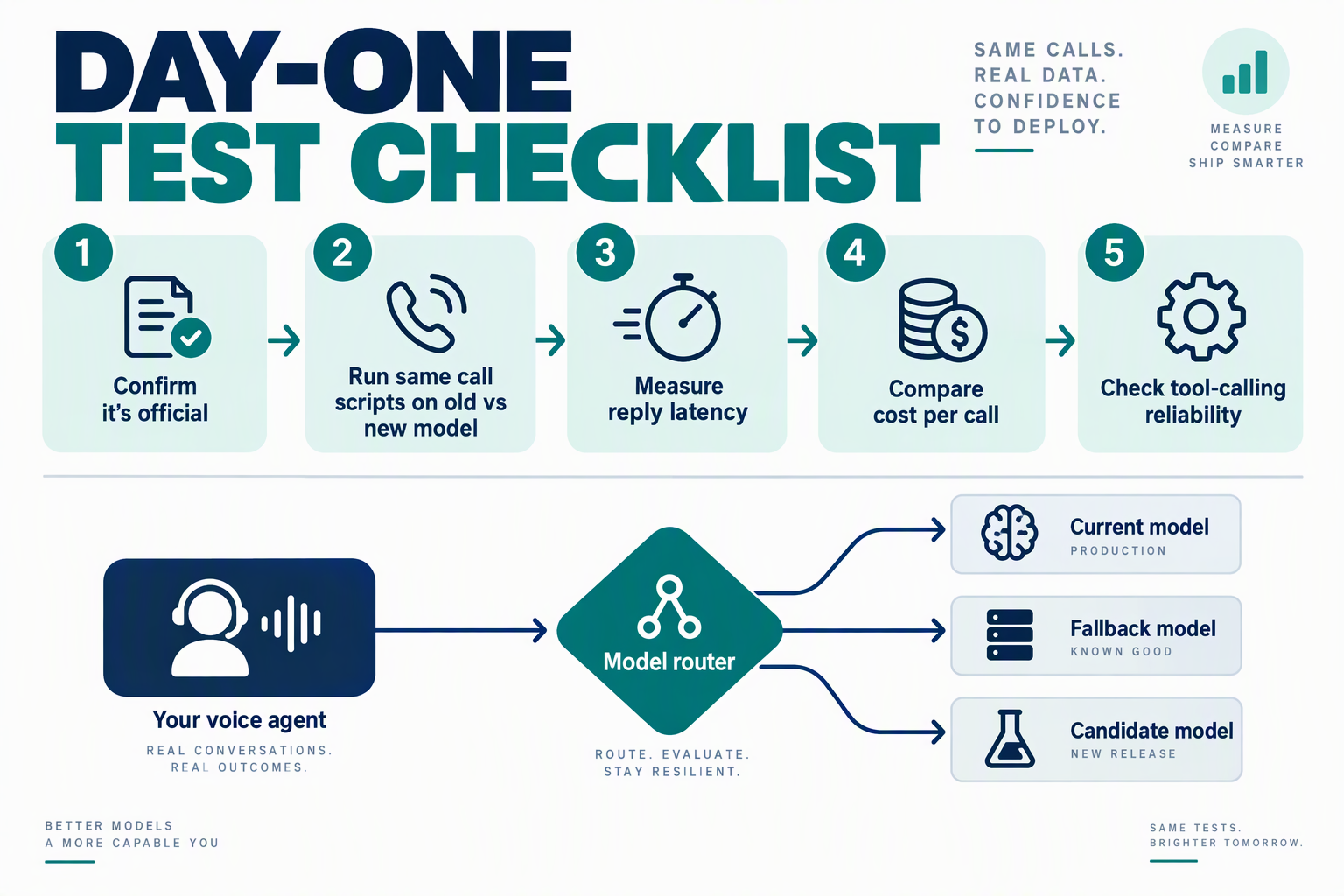 Day-one model test checklist and a model router diagram feeding current, fallback and candidate models