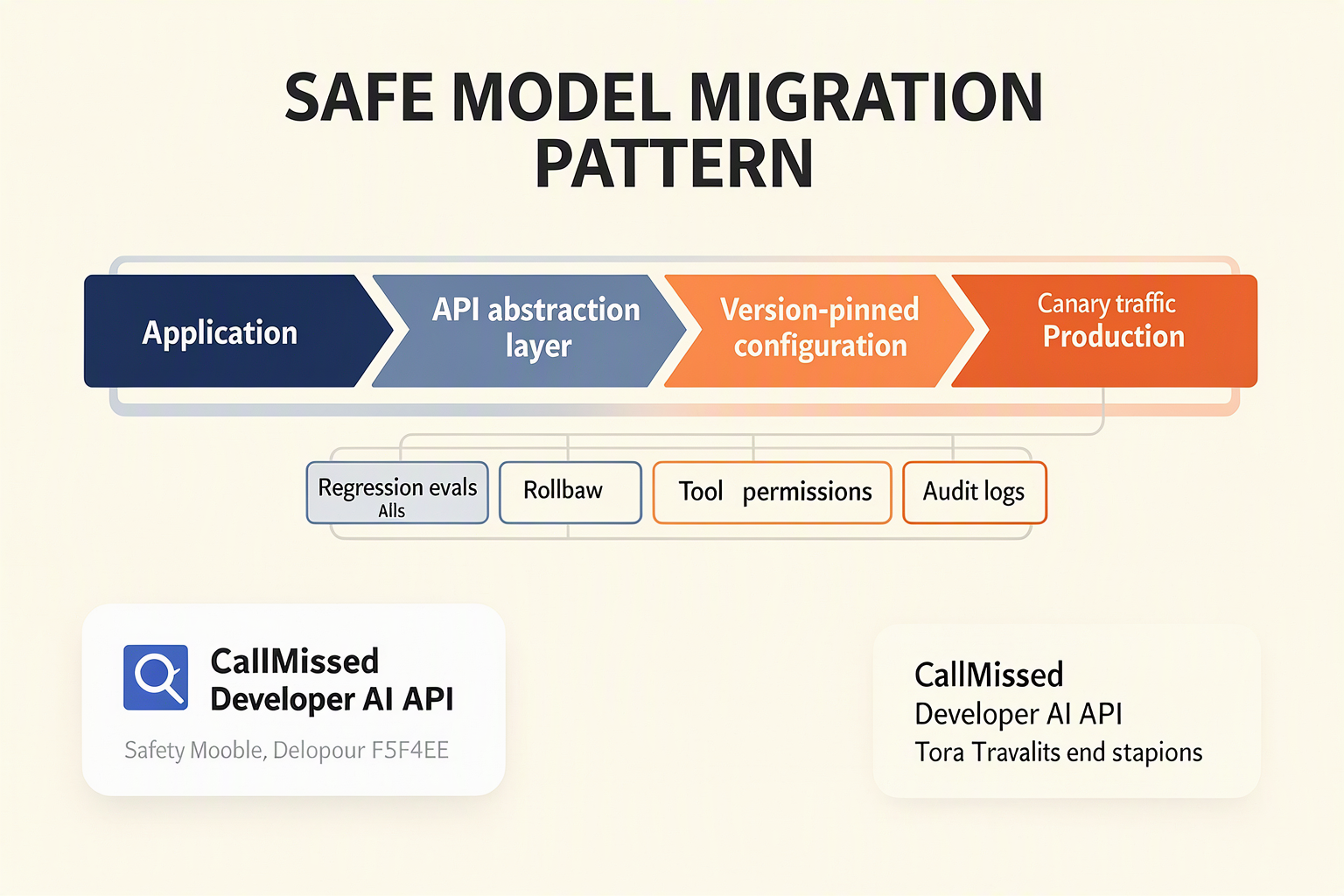 Version-pinned migration architecture with evaluations, canary traffic, rollback and an optional API layer