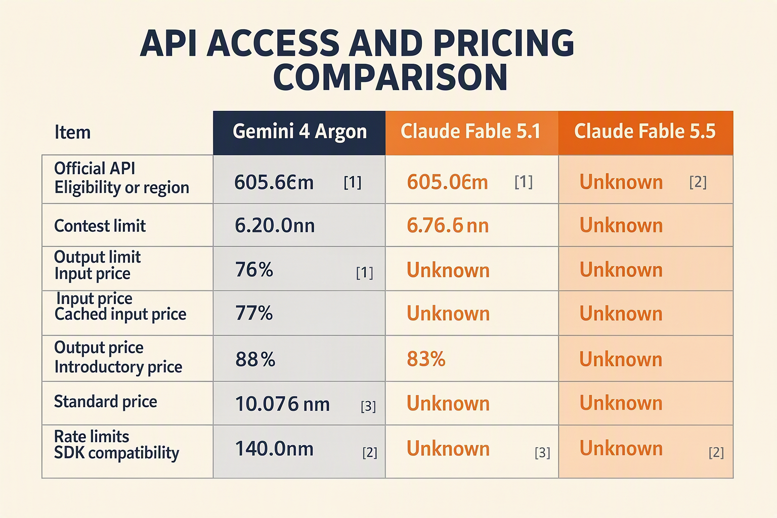 API and pricing table separating introductory rates, standard rates and unknown Fable 5.5 fields