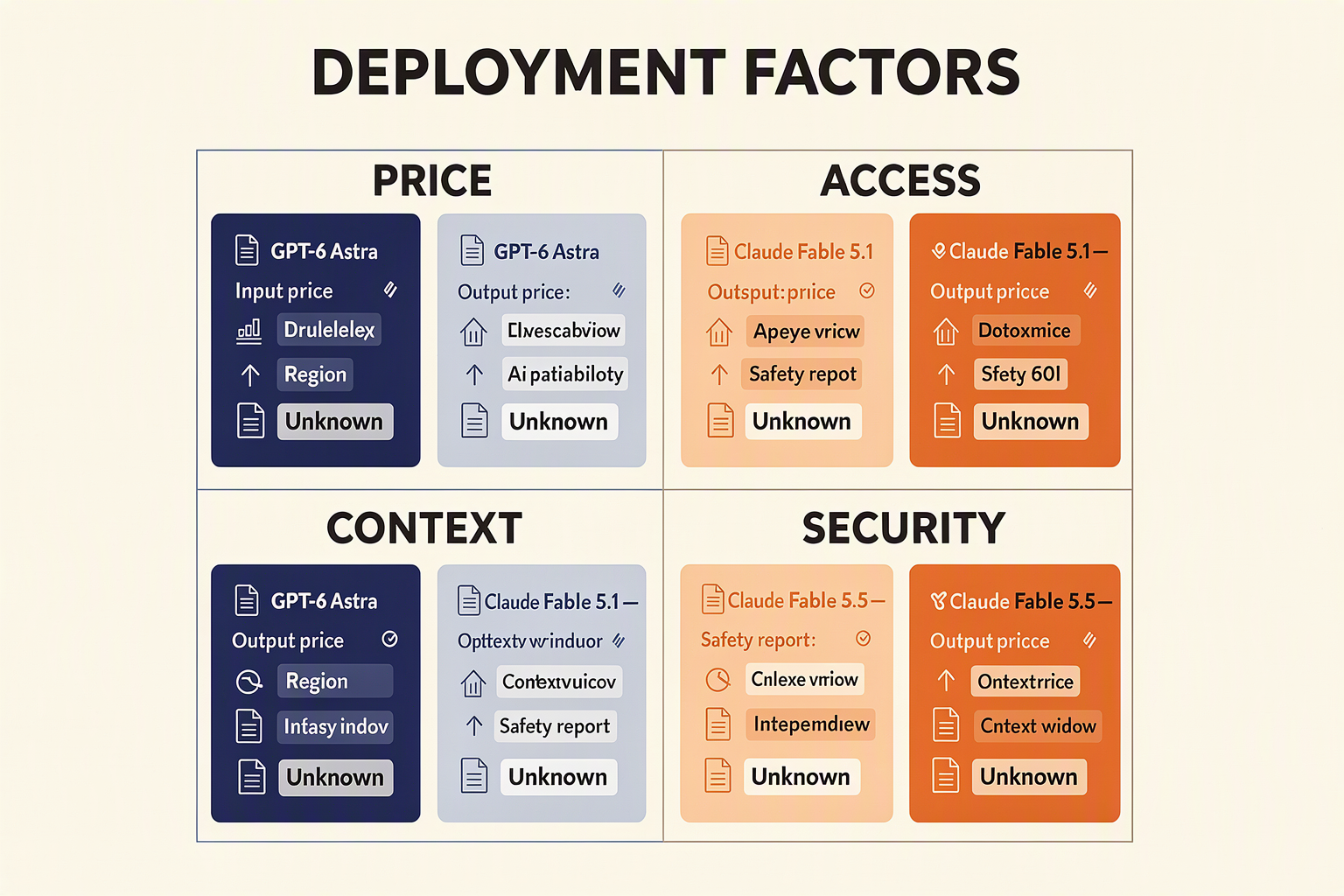 Comparison framework for model pricing, API access, context limits and security evidence