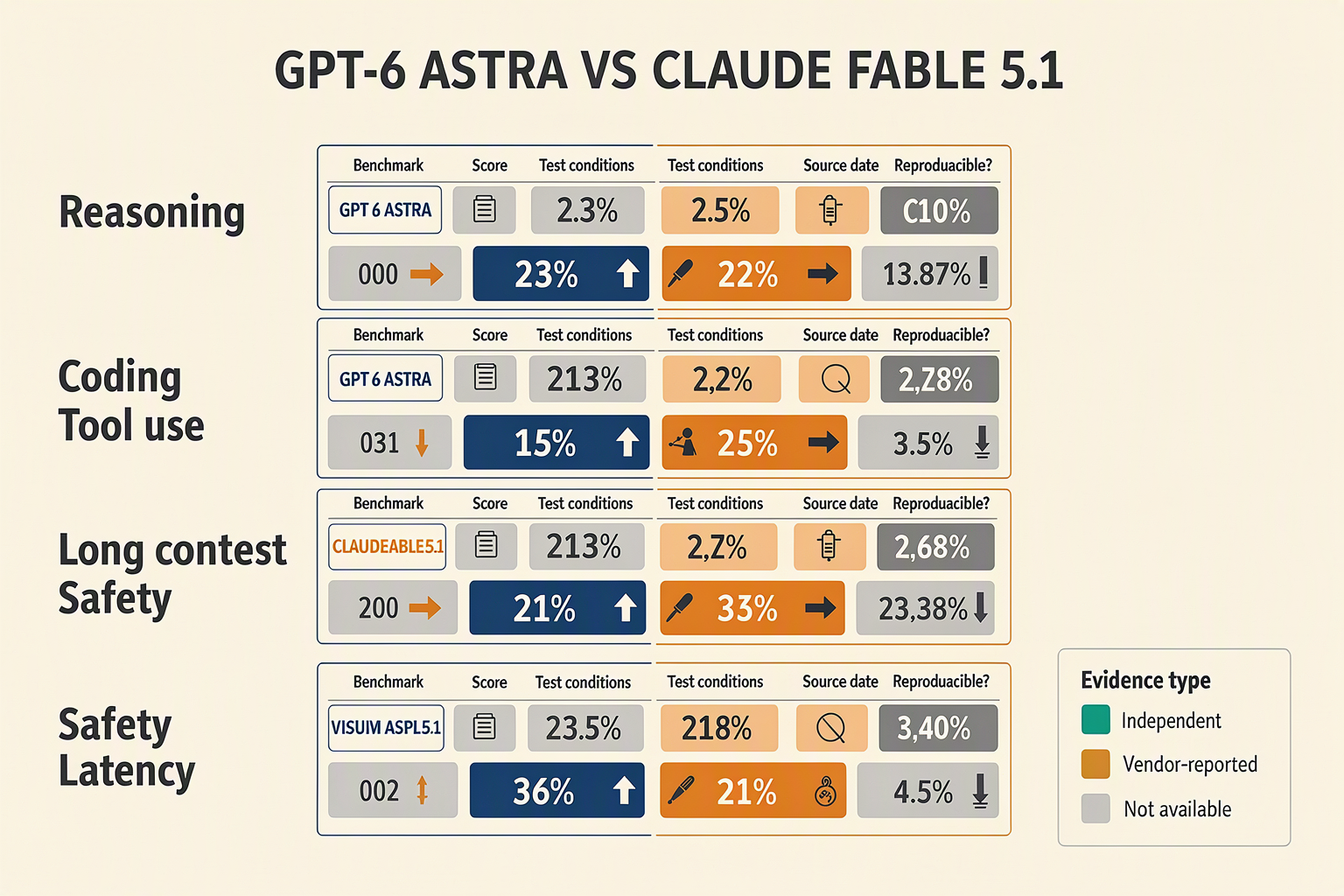 Benchmark audit comparing GPT-6 Astra and Fable 5.1 while labeling each result by evidence type