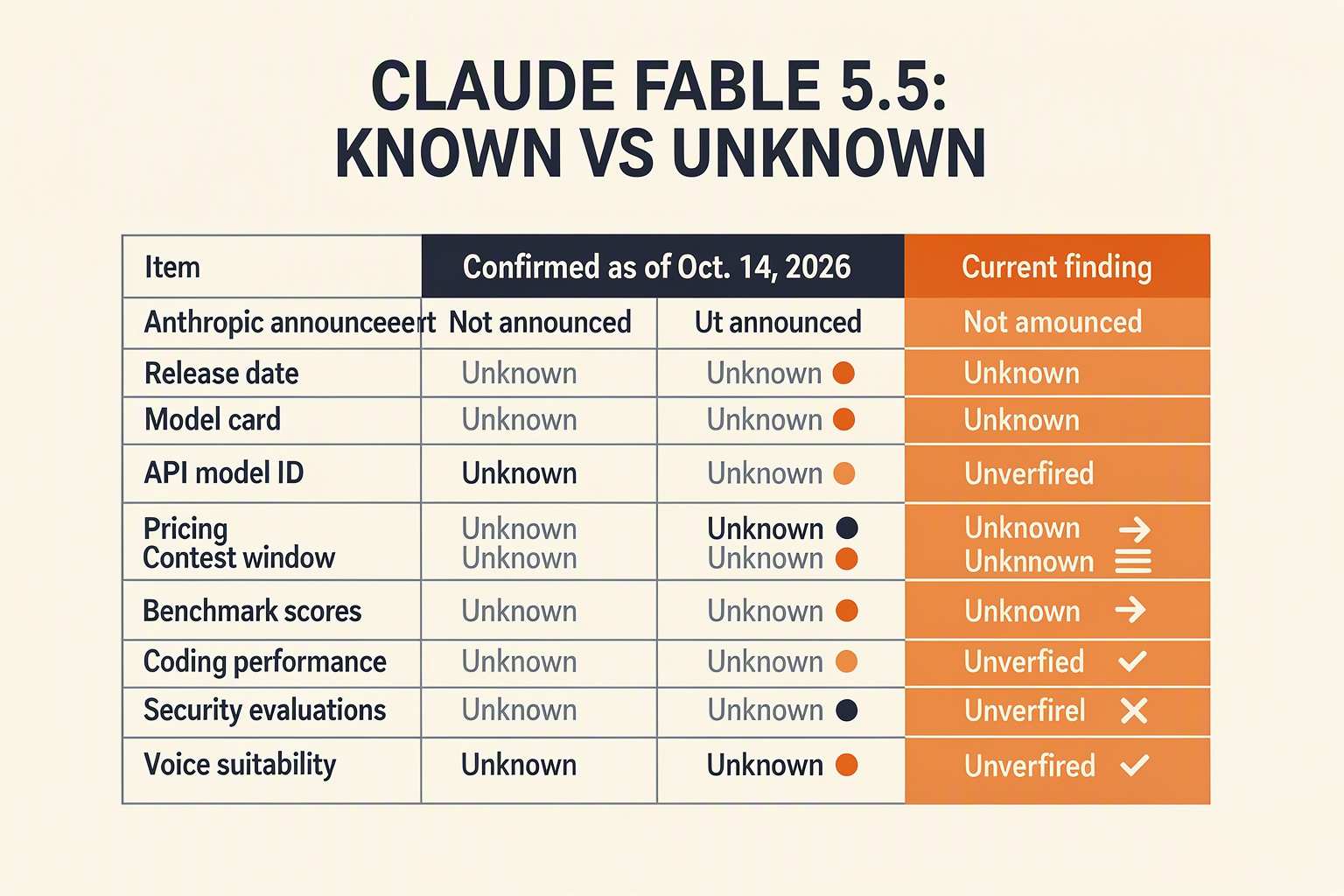 Unknown-data table for the release, pricing, access and capabilities of Claude Fable 5.5