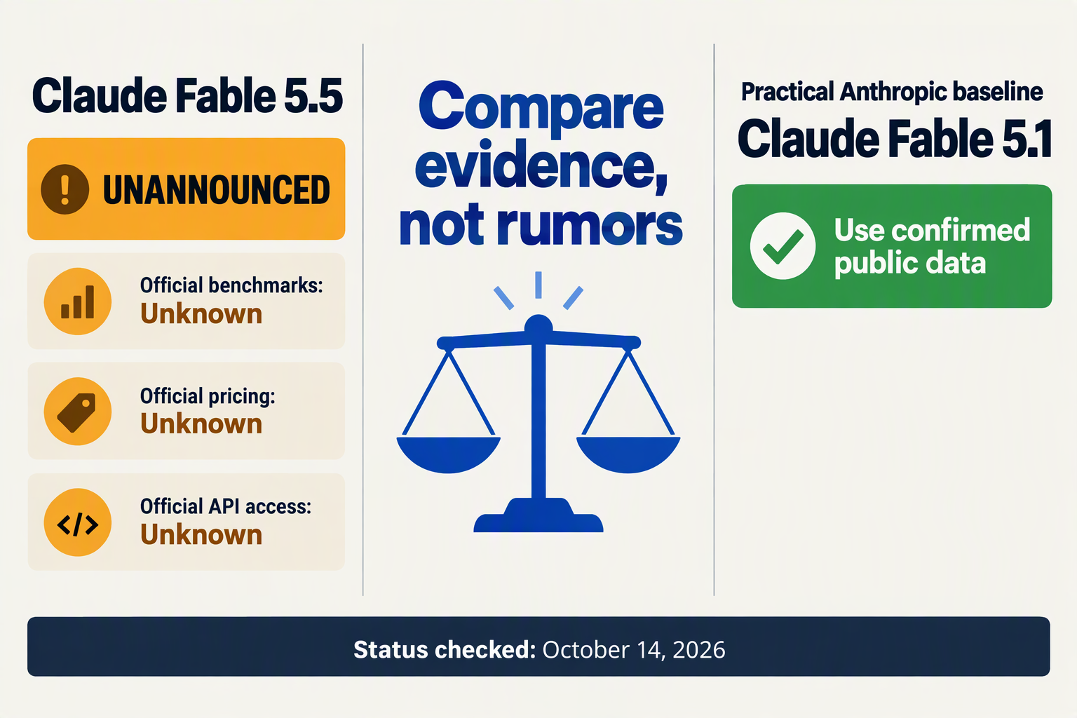Evidence dashboard showing Fable 5.5 as unannounced and Fable 5.1 as the confirmed baseline