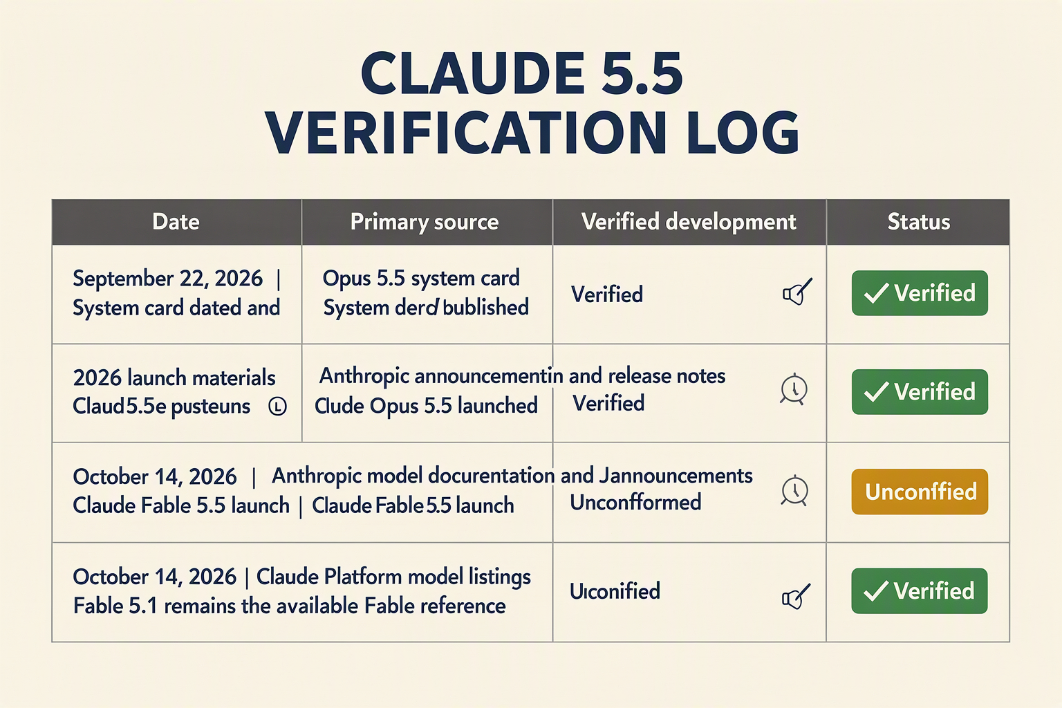 Verification table for Claude Opus 5.5 and Fable 5.5 developments through October 14, 2026