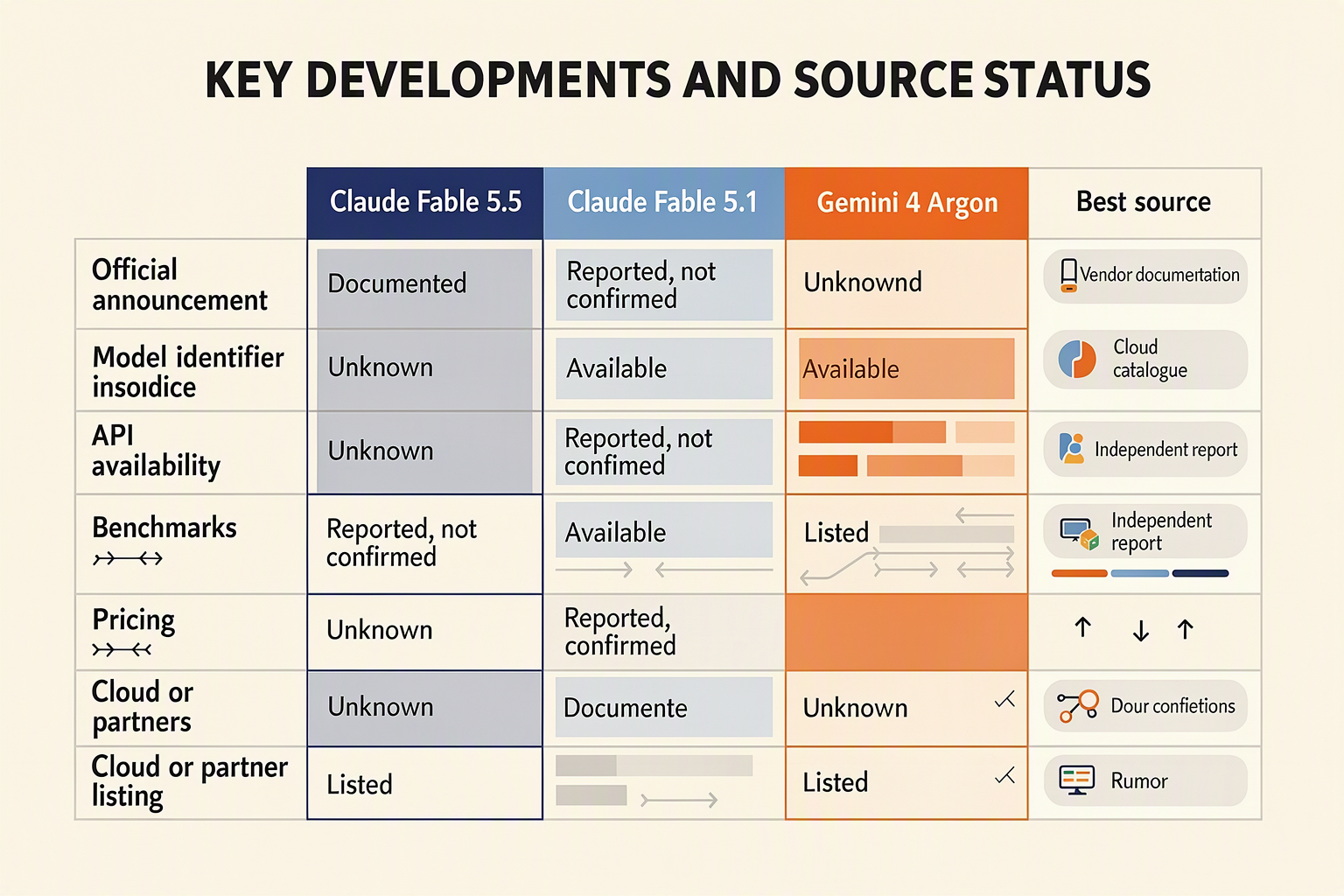 Source-status table for announcements, APIs, benchmarks, pricing and partner listings