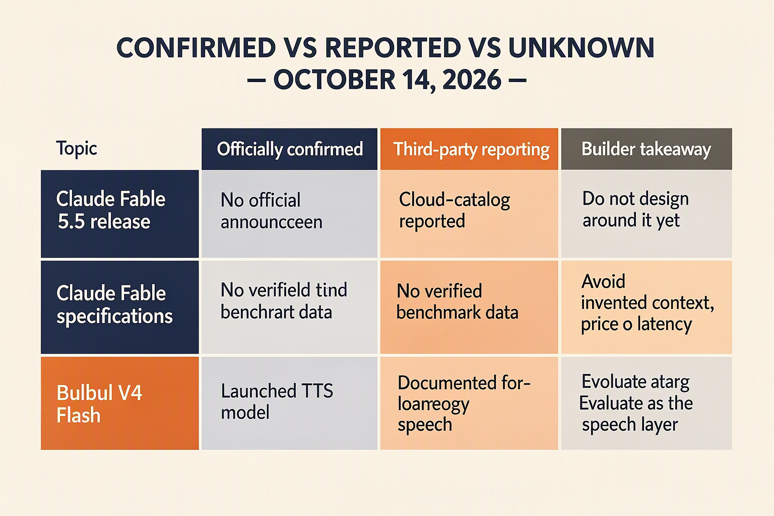 Table separating confirmed facts, third-party reports, and unknown details for both models