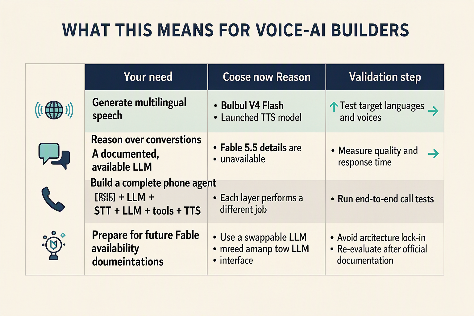 Decision table matching multilingual speech, reasoning, and phone-agent needs to model layers