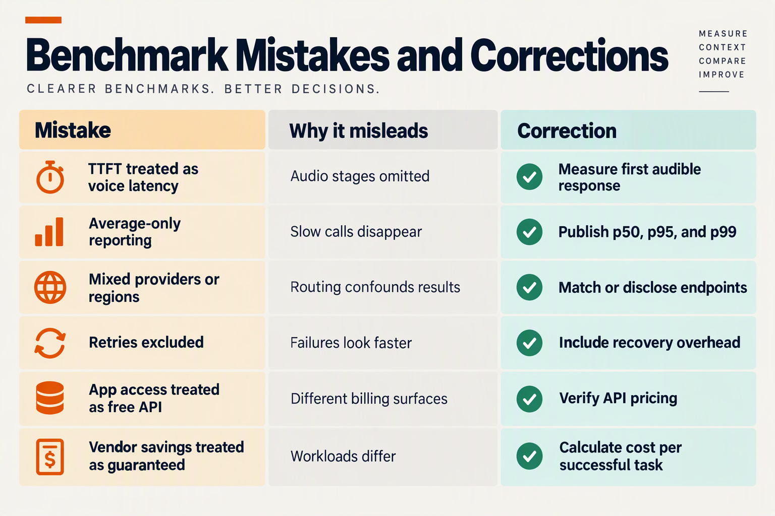 Table explaining misleading benchmark practices and corrections for latency, reliability, endpoint, and cost comparisons