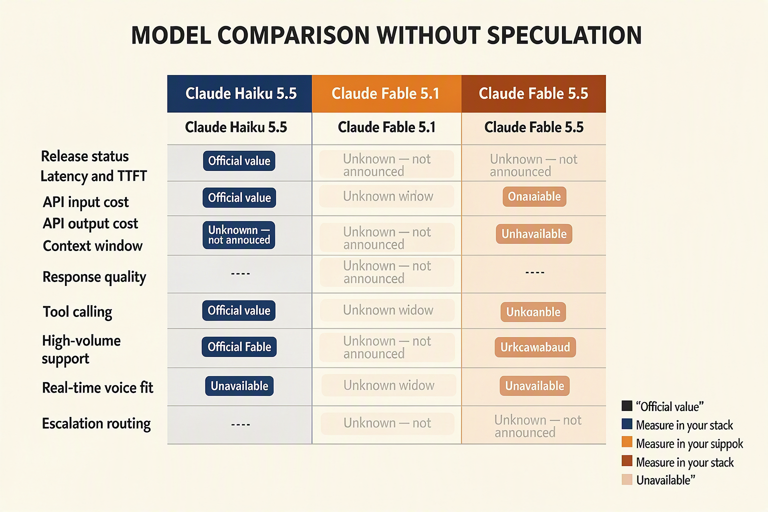 Comparison matrix for Haiku 5.5, Fable 5.1 and unknown Fable 5.5 specifications