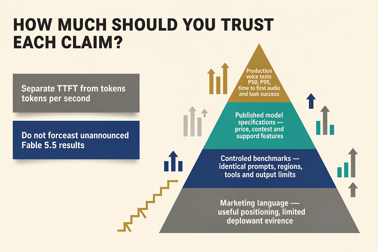 Evidence pyramid for evaluating official claims, benchmarks and production voice-agent tests