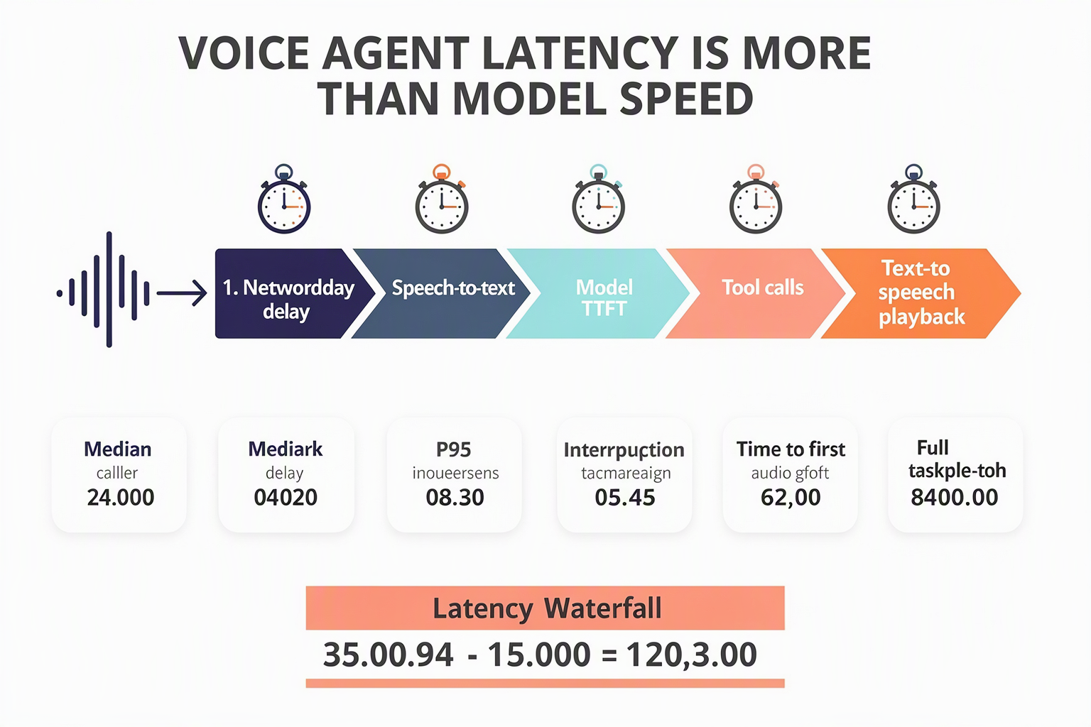Voice-agent latency waterfall separating network, speech, model, tool and playback delays