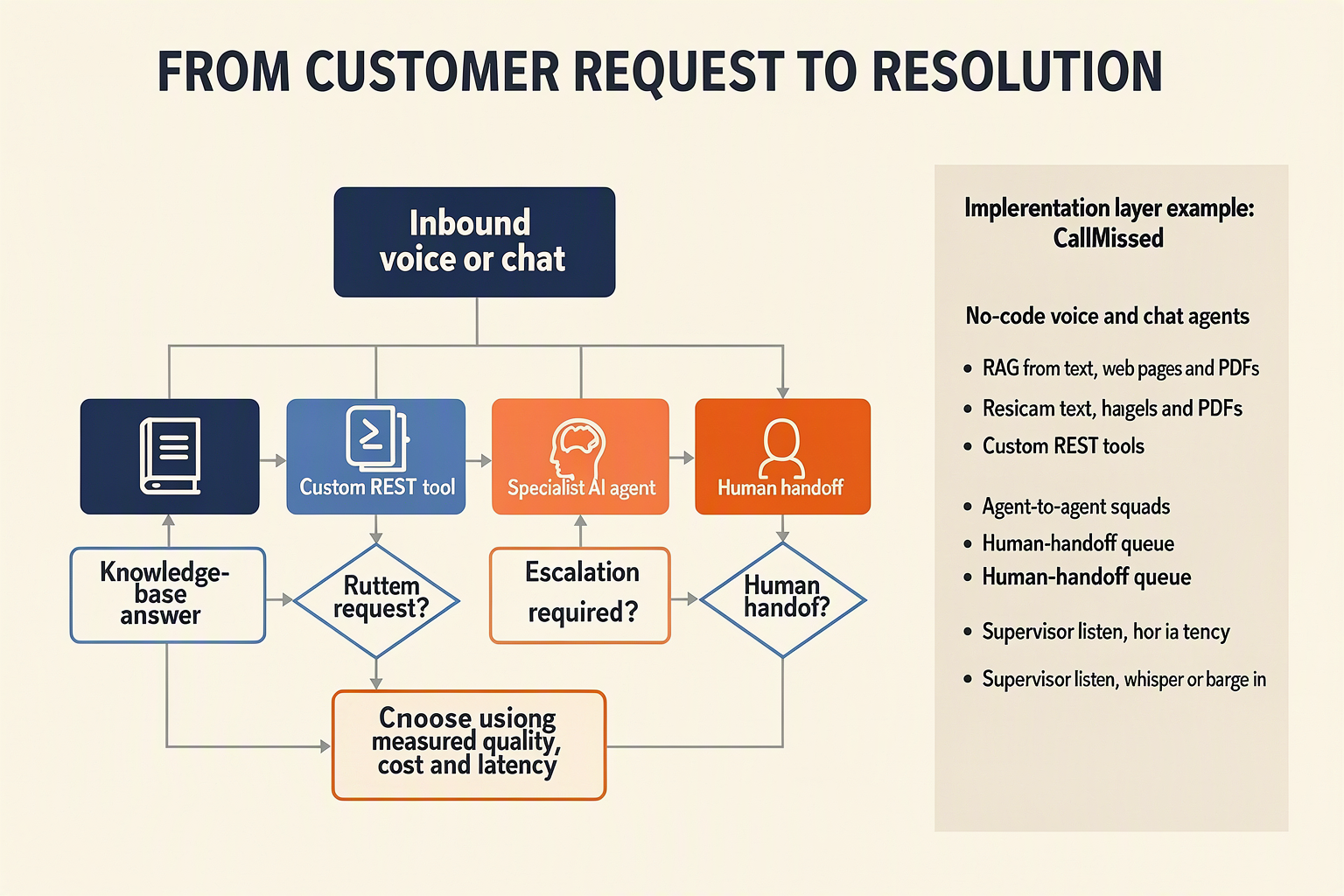 CallMissed workflow routing support requests through tools, specialist agents and human handoff