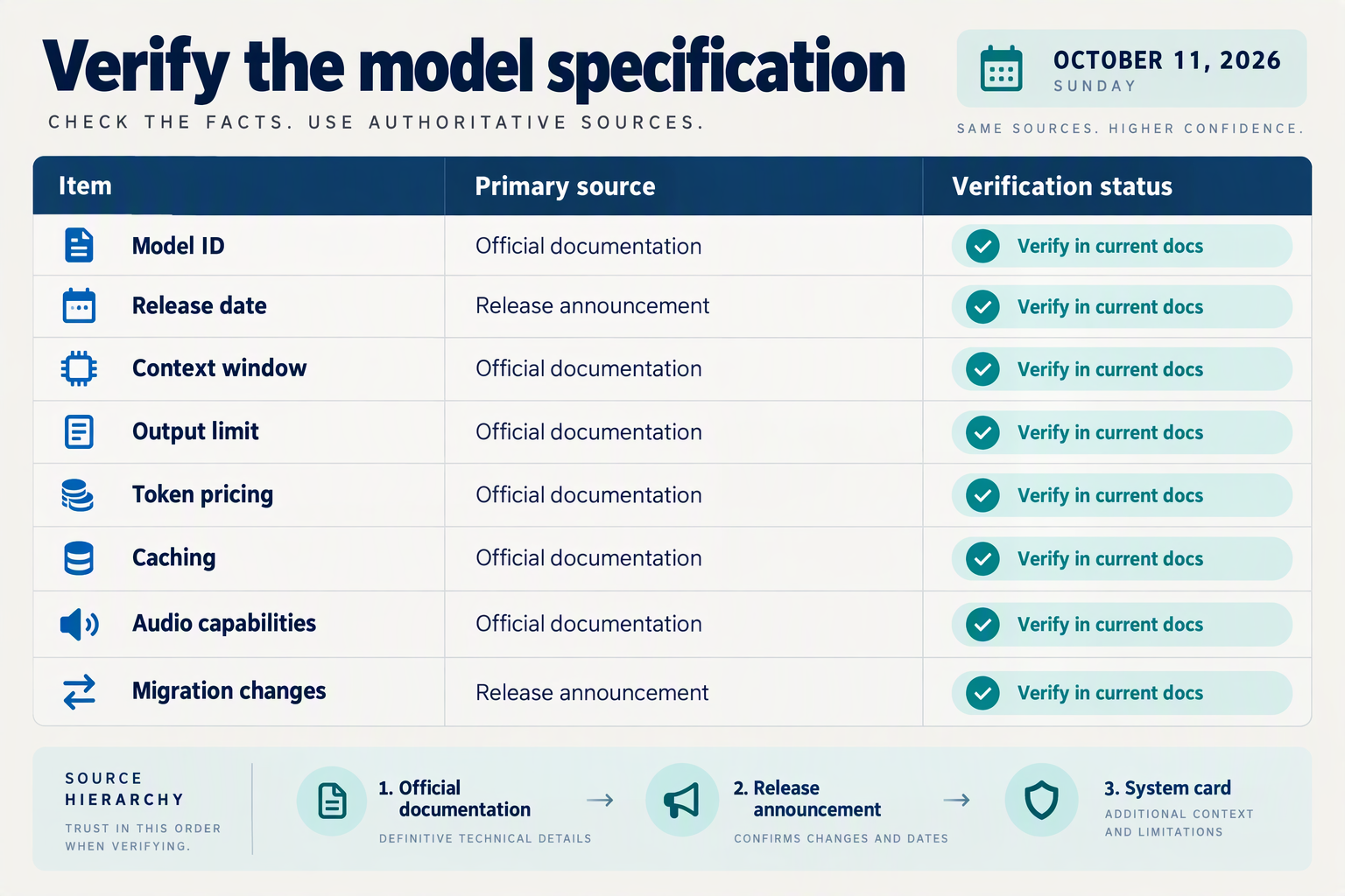 Specification checklist identifying primary sources needed to verify Sonnet 5.5 capabilities and pricing