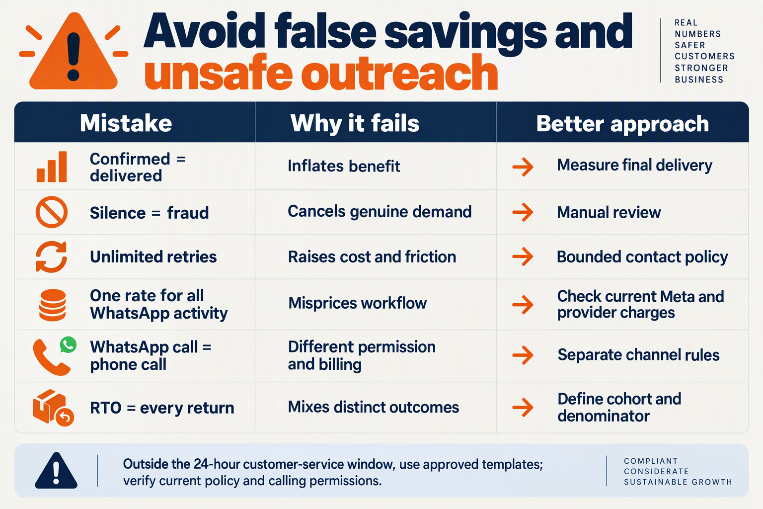 Common-mistakes table covering false savings, excessive retries, messaging rules and distinct calling channels