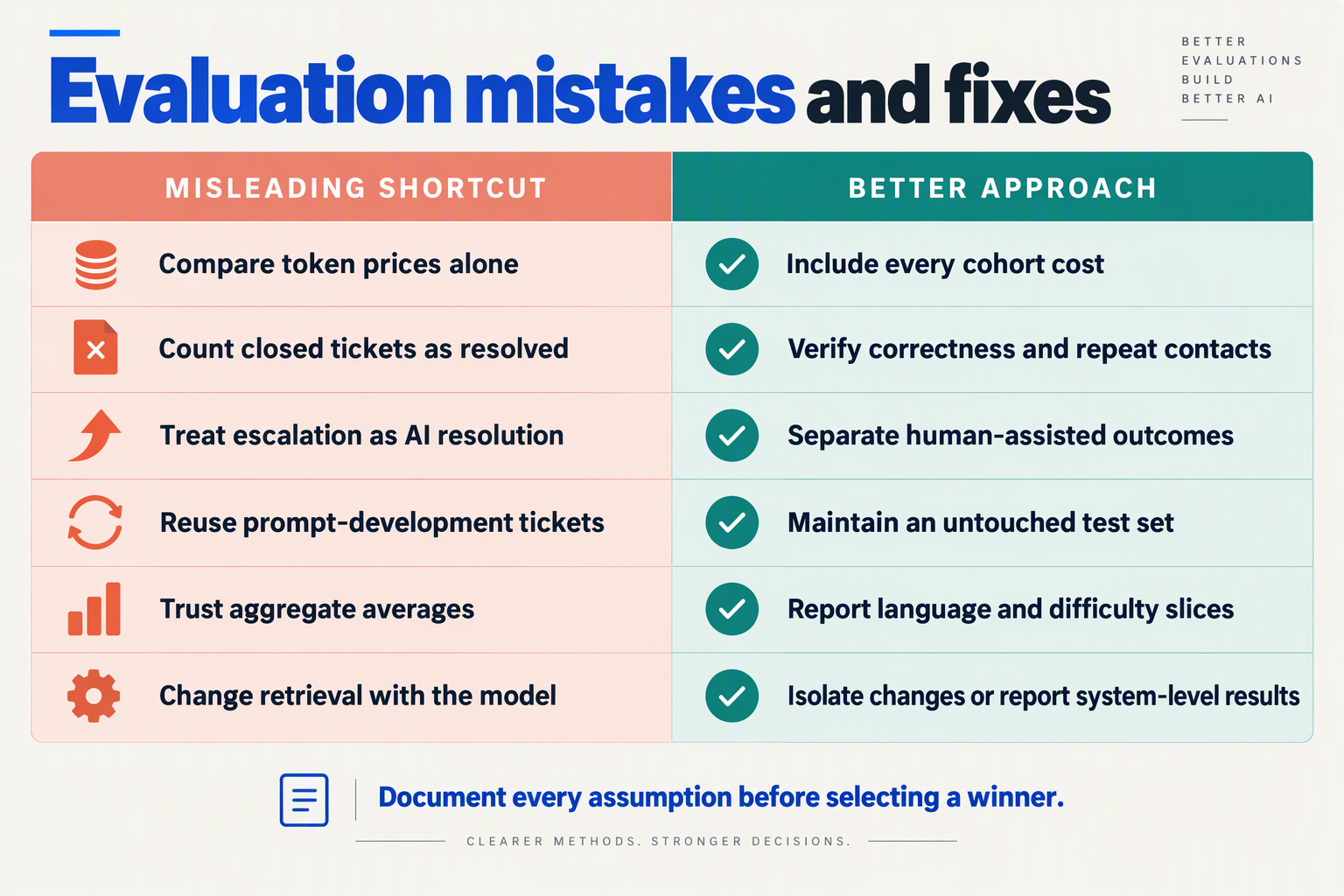 Table of common support-model evaluation mistakes and practical corrections