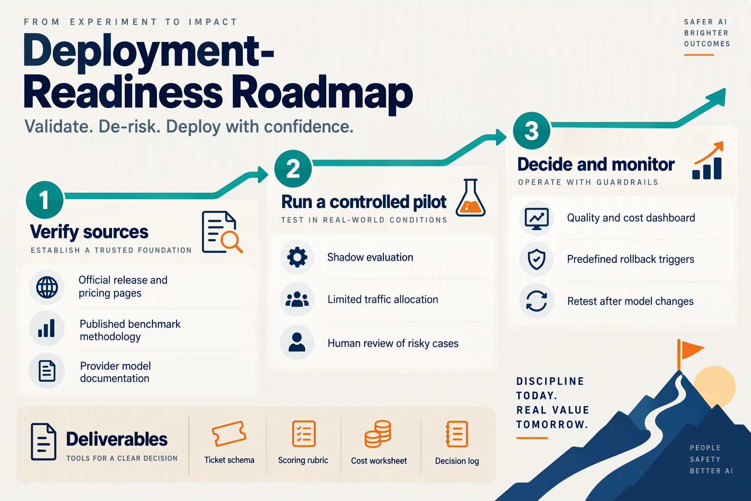 Roadmap from source verification to a controlled support pilot, deployment monitoring, and rollback planning