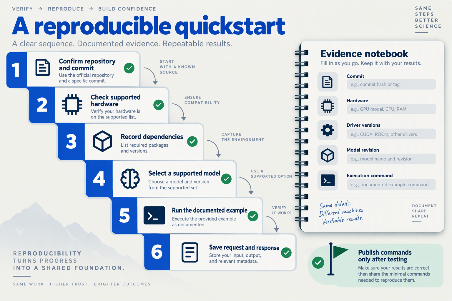 Six-step quickstart checklist covering repository verification, hardware, dependencies, model selection, and recorded results