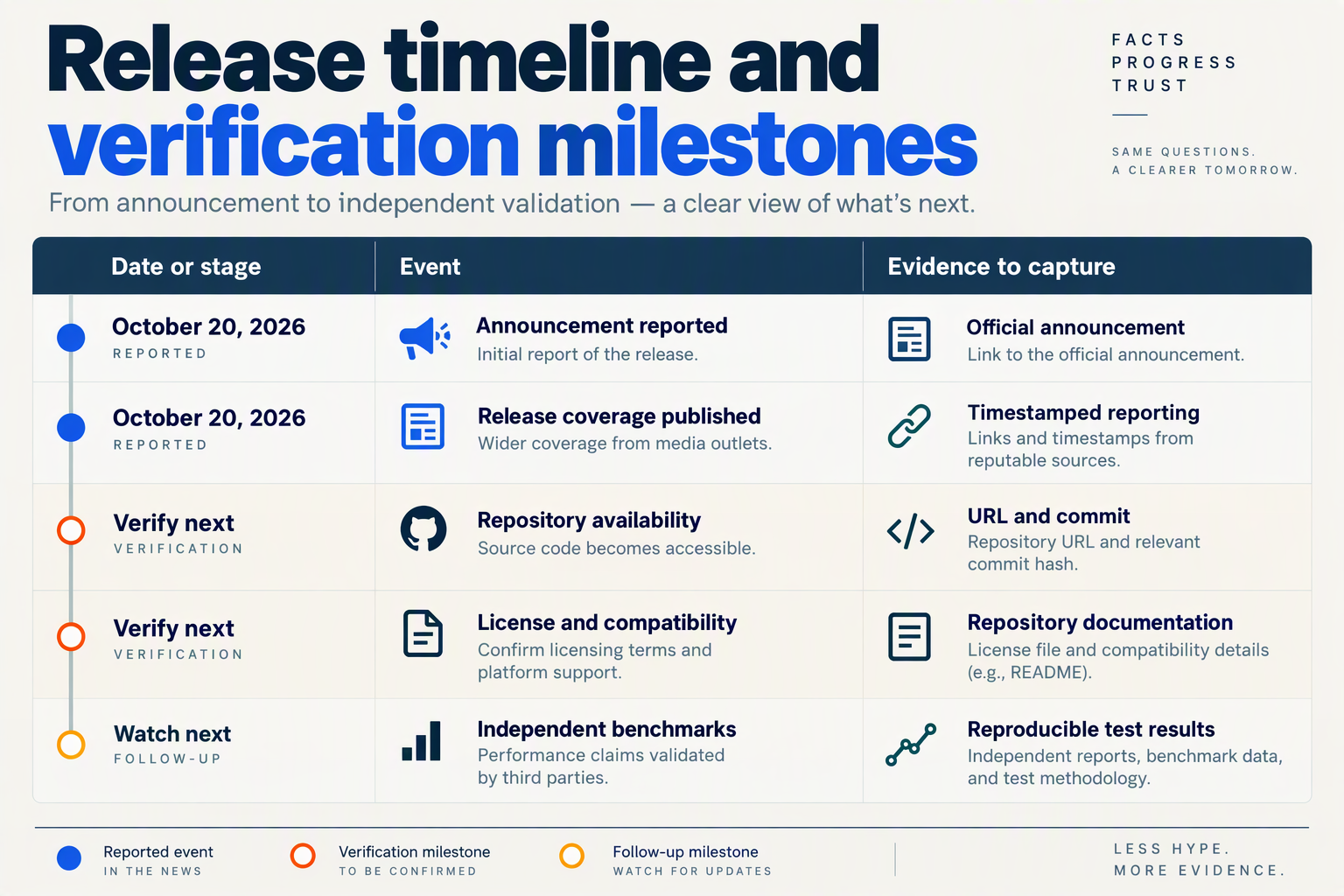 Timeline distinguishing October 20 announcement coverage from repository checks and future benchmark milestones