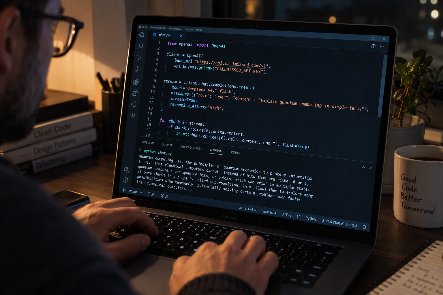 Laptop screen showing OpenAI SDK Python code calling model deepseek-v4.1-flash through the CallMissed base URL