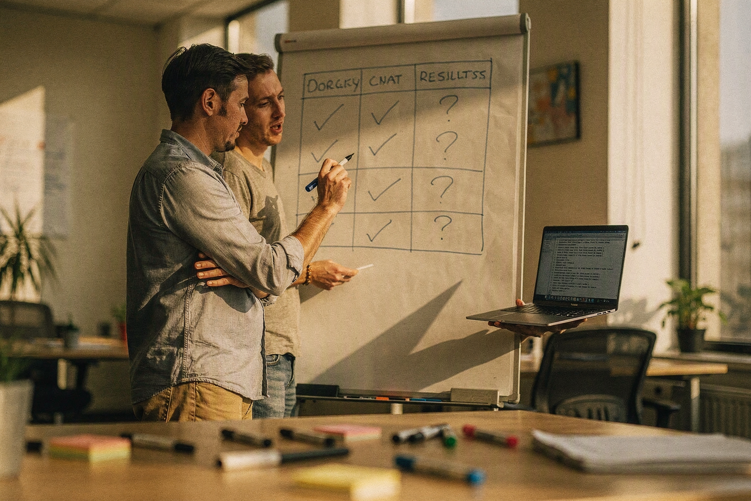 Two engineers at a whiteboard comparing model versions and planning their own tests