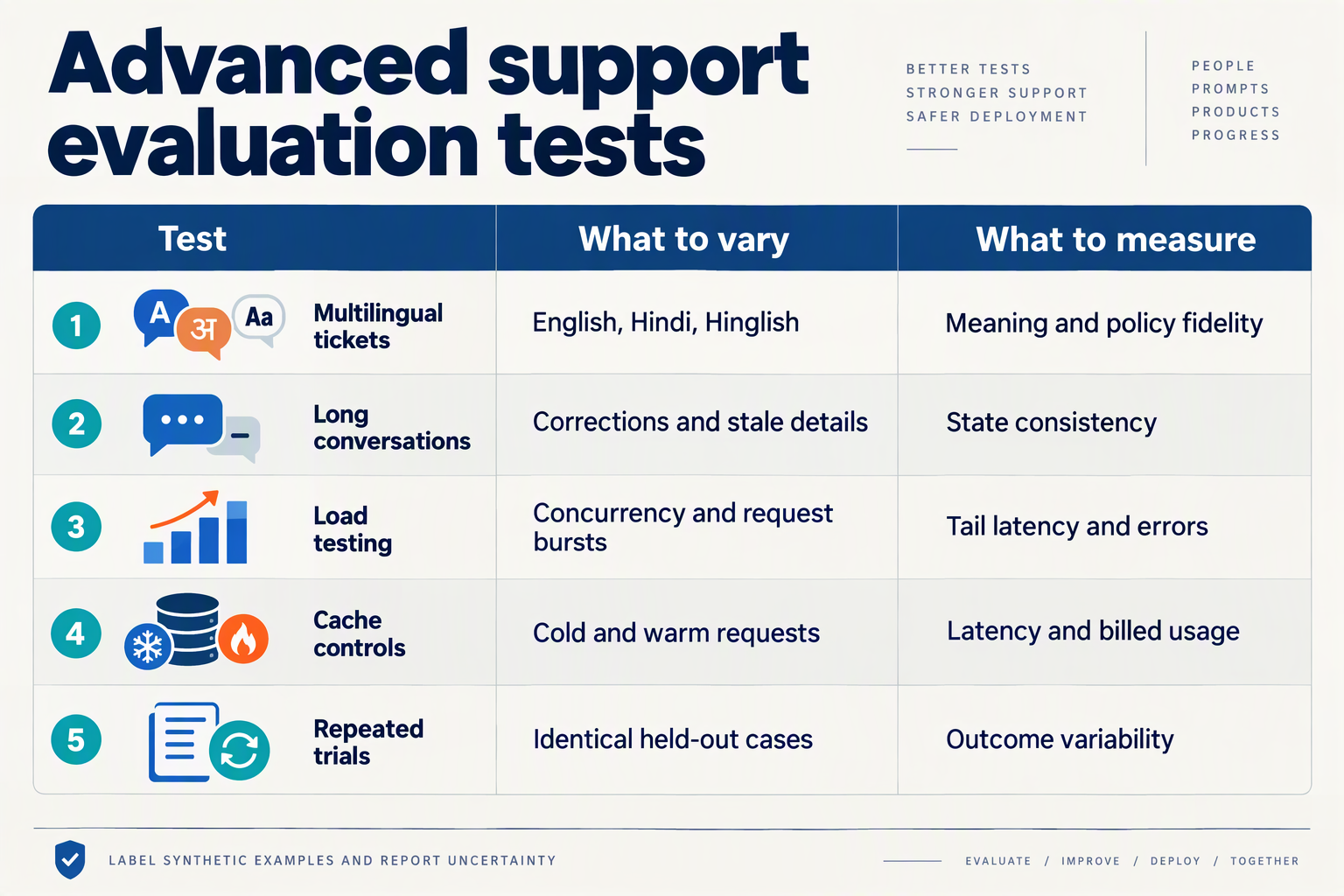 Advanced testing table for multilingual tickets, long conversations, load, caching, and repeated trials