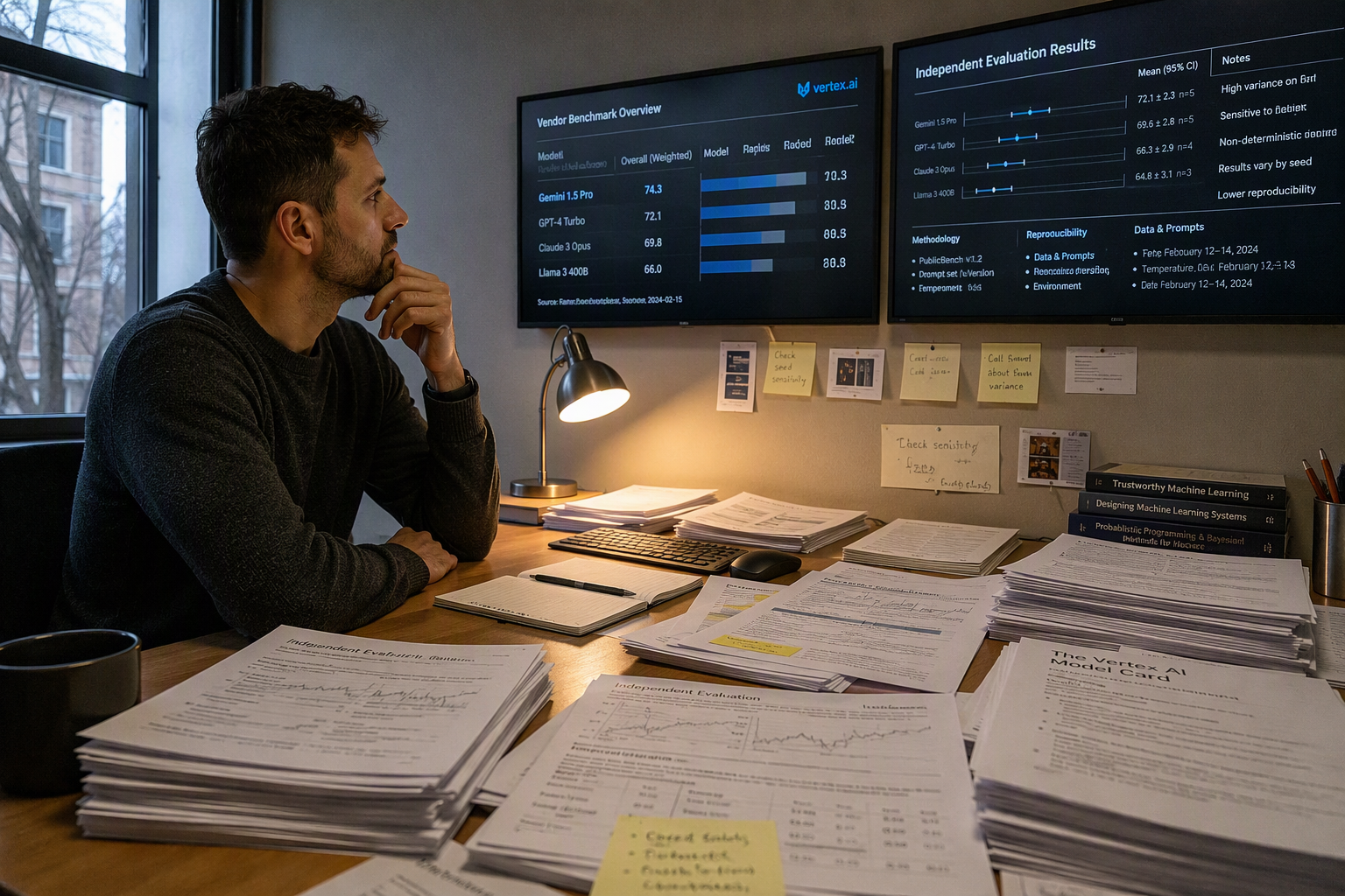 Analyst reviewing vendor benchmark claims against independent evaluation records